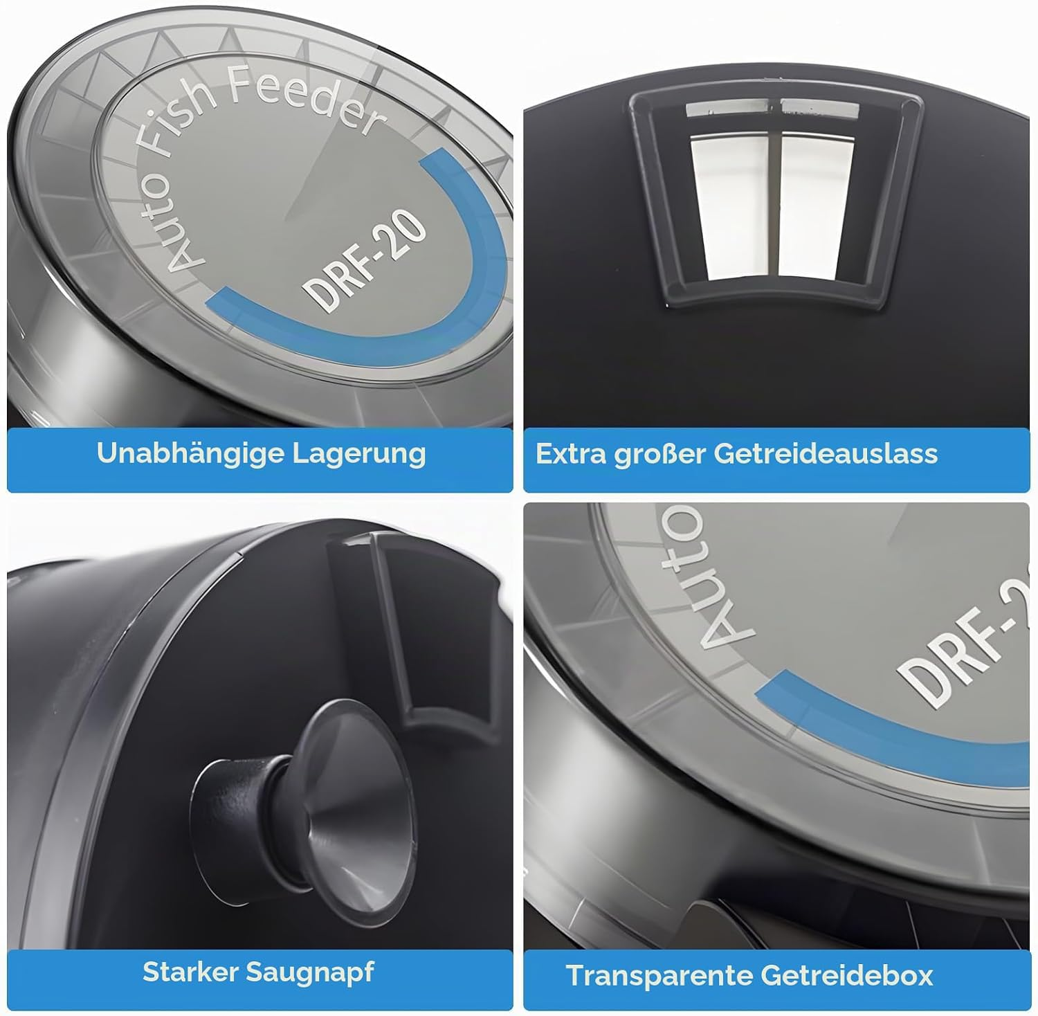Vier Detailbilder eines automatischen Fischfütters mit Text auf Deutsch über Funktionen wie Lagerung und Saugapf.
