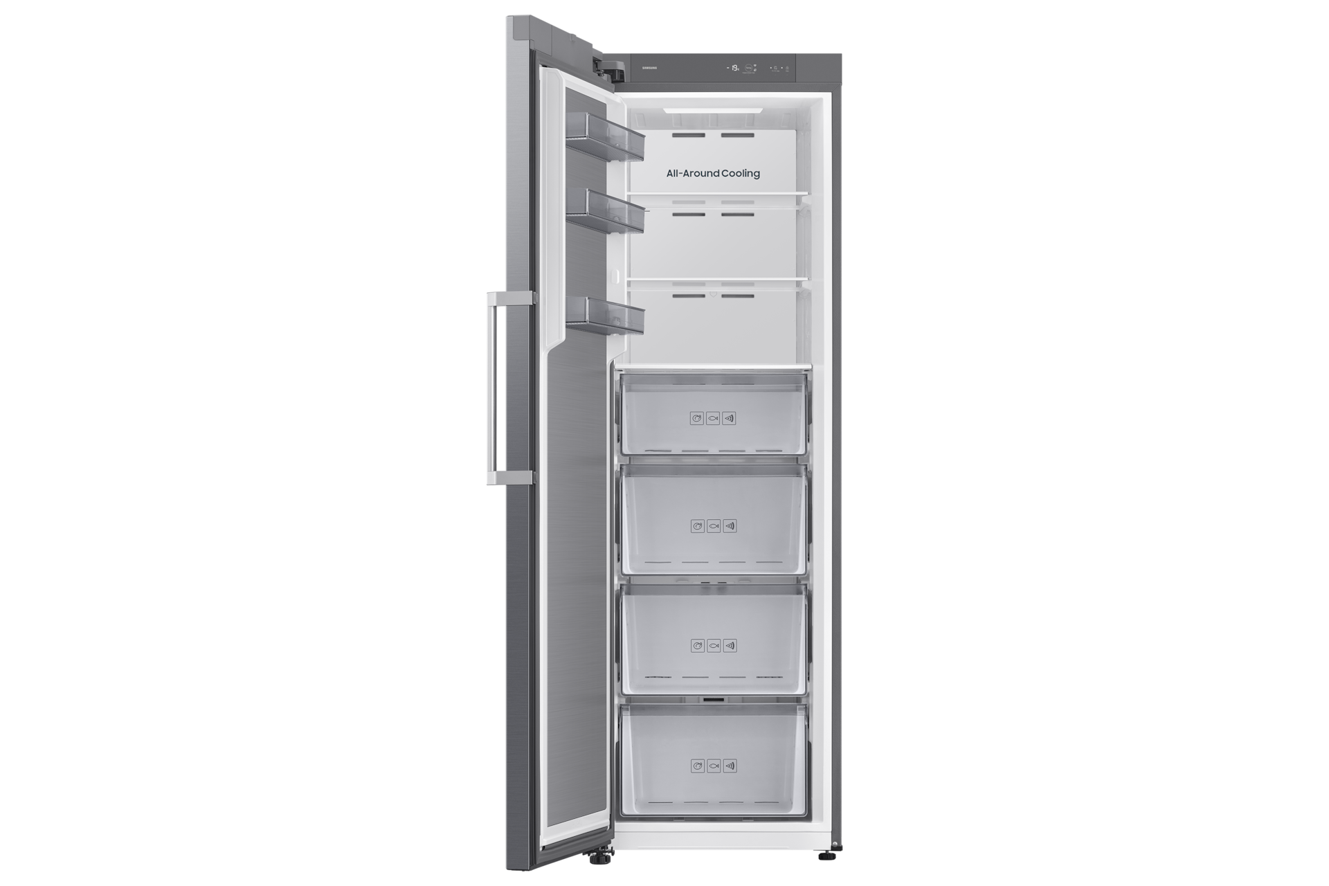 Ein offener silberner Samsung-Kühlschrank mit Glasböden und Schubladen auf schwarzem Hintergrund.