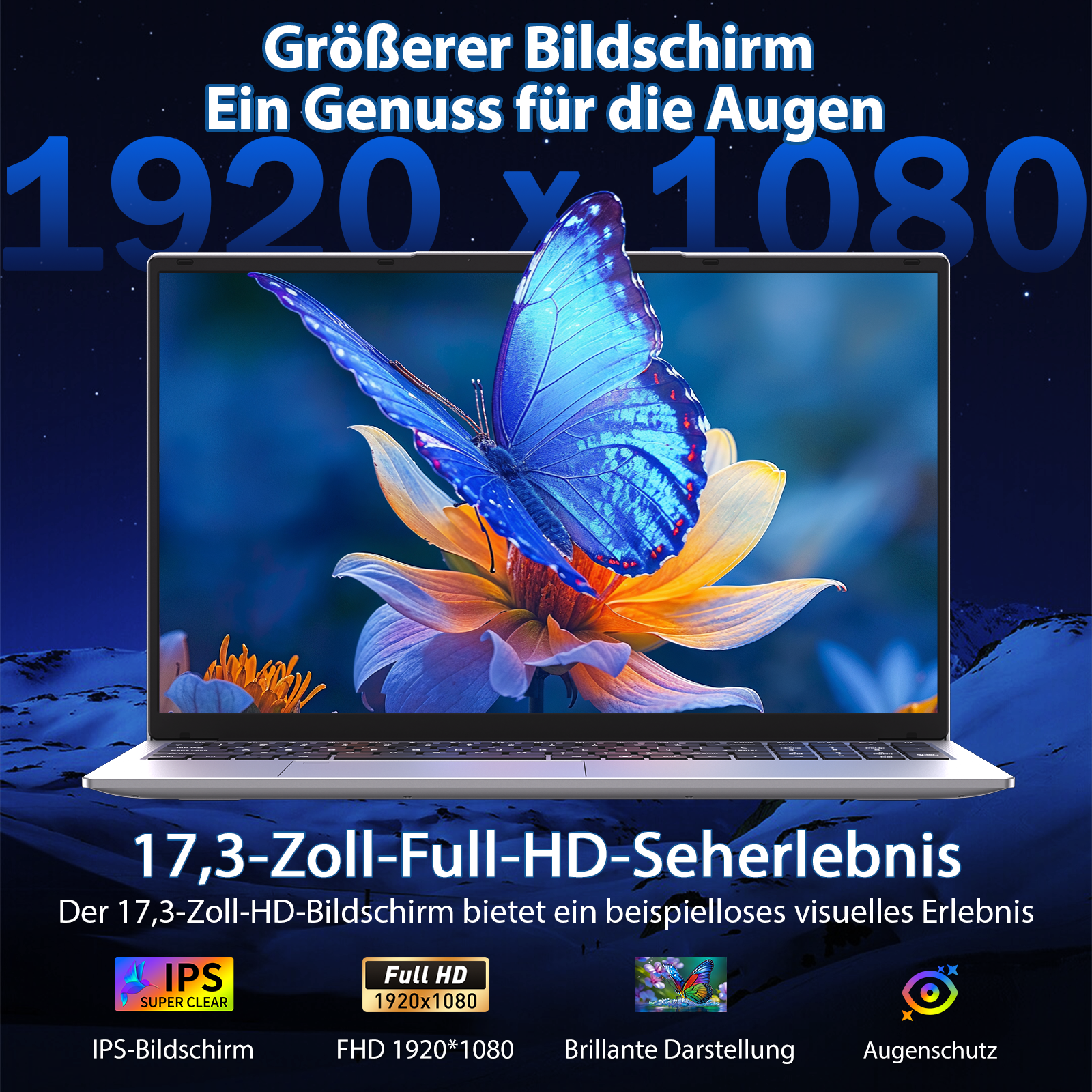 Laptop mit großem 17,3 Zoll Bildschirm zeigt lebendiges Bild mit blauem Schmetterling auf Blume und Text.