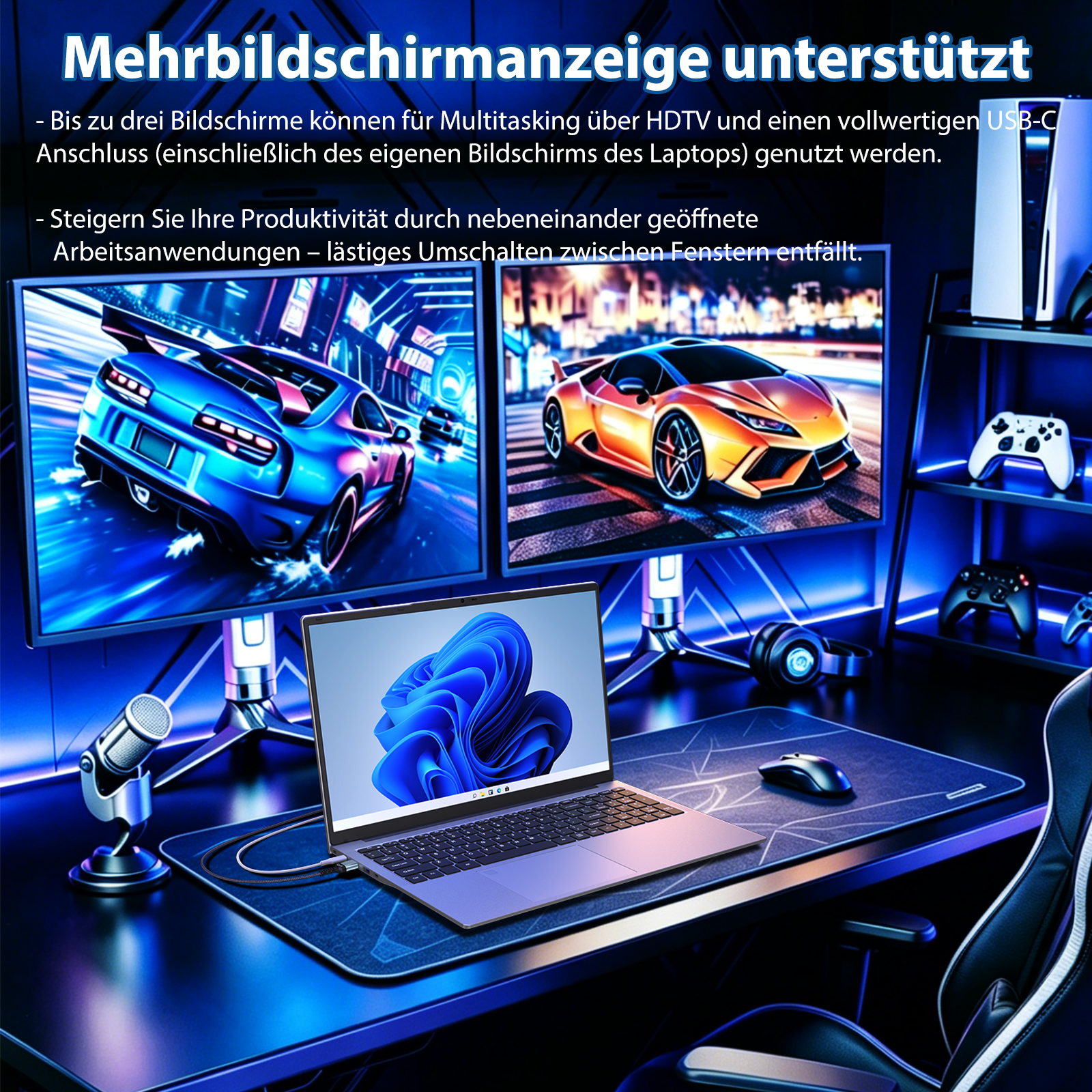Laptop mit zwei Zusatzmonitoren und Gaming-Zubehör auf einem Schreibtisch mit blauer Beleuchtung.