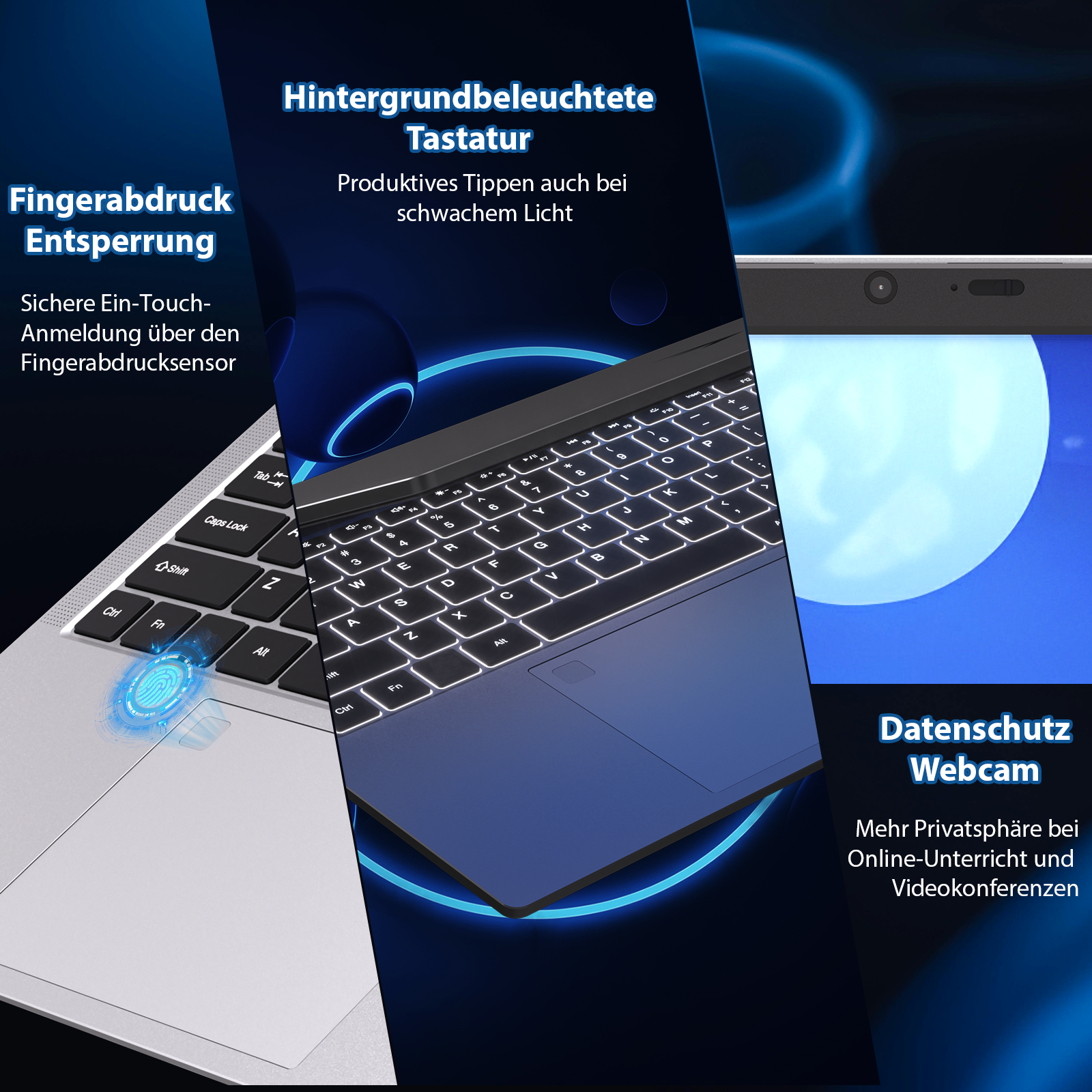Laptop-Funktionen mit beleuchteter Tastatur, Fingerabdrucksensor und Webcam-Datenschutzblende.