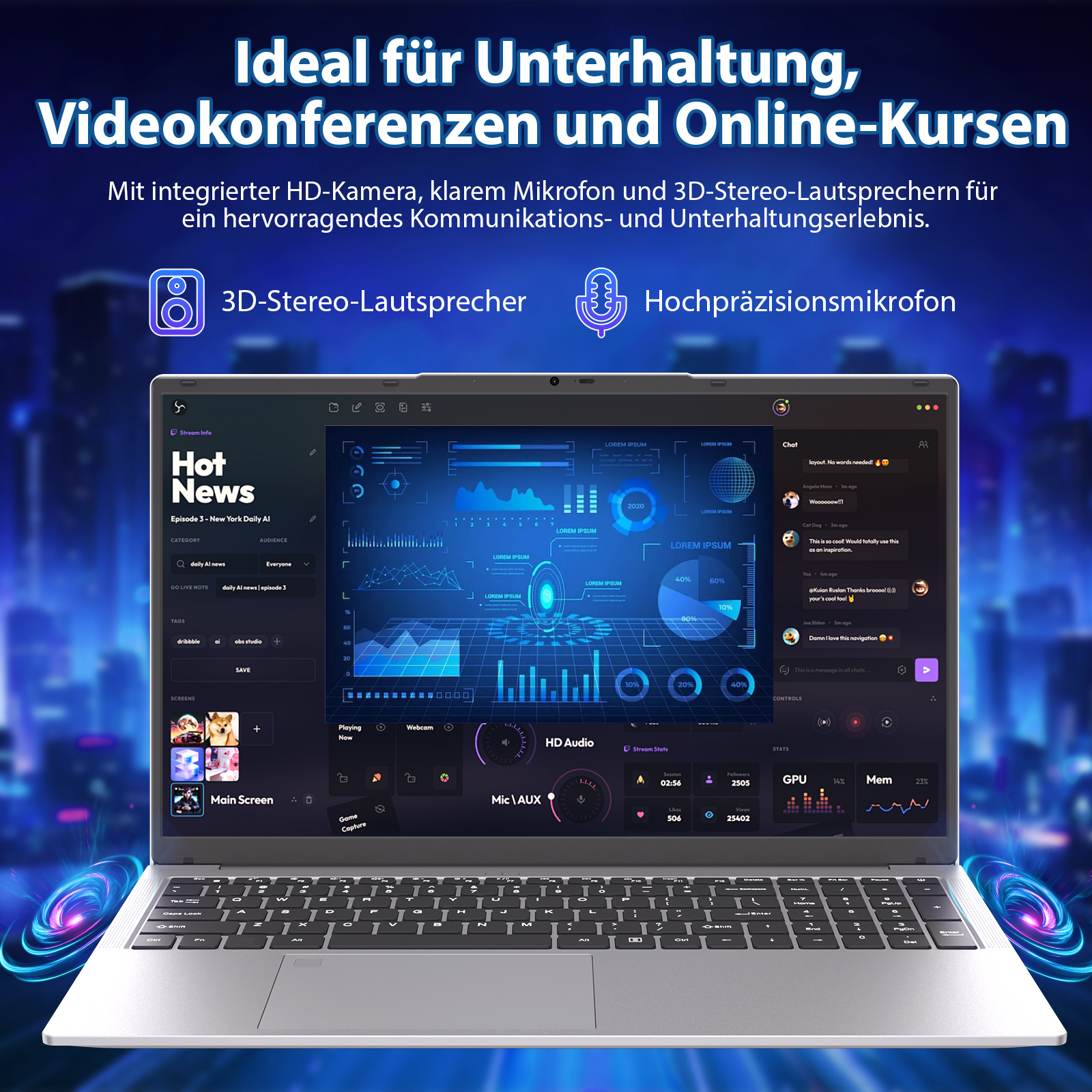 Laptop mit blauer Benutzeroberfläche und Grafiken auf dem Bildschirm vor städtischem Hintergrund bei Nacht.