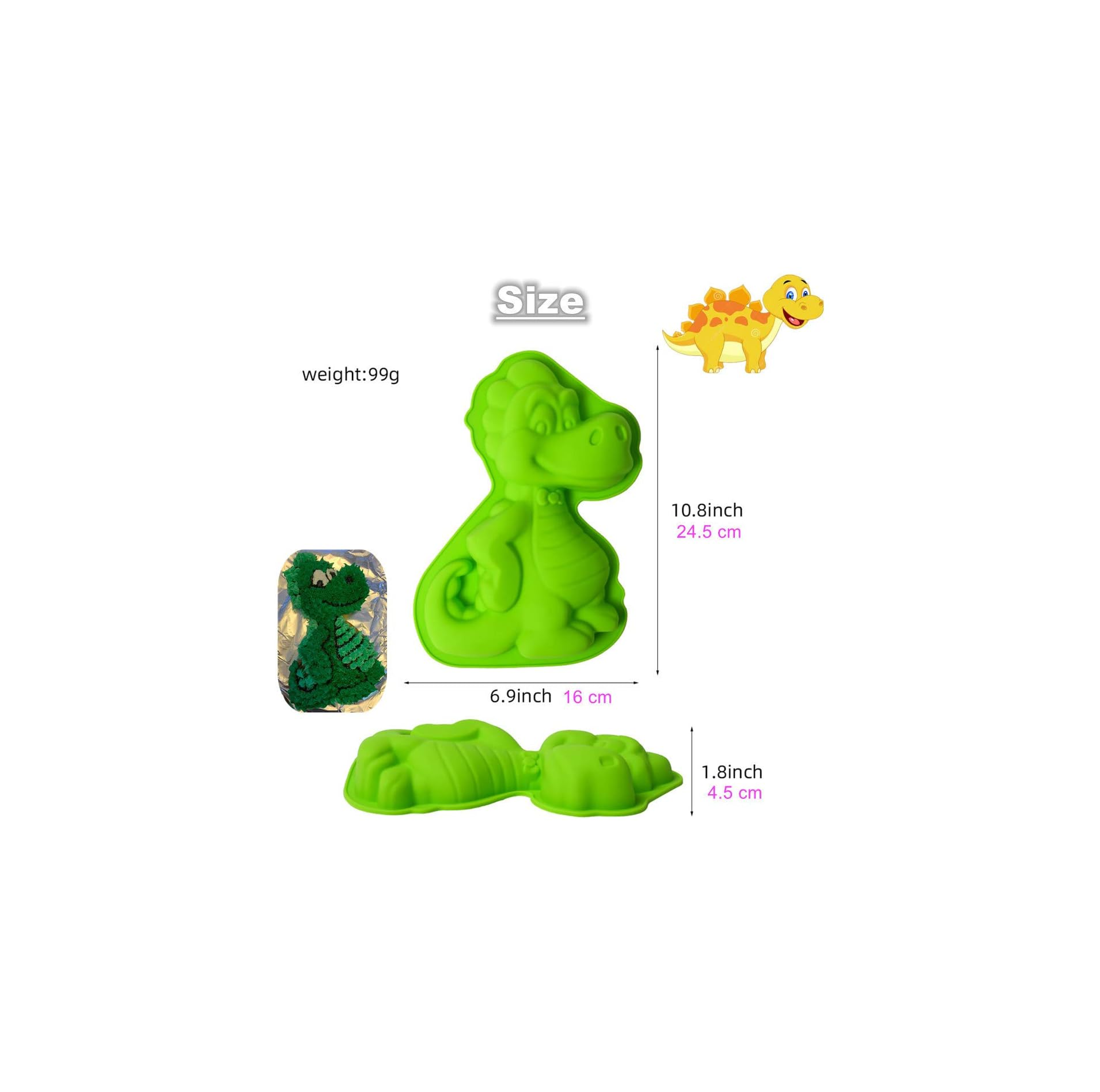 Grüne Dinosaurier-Silikonbackform mit Maßen und einem Beispielkuchen auf weißem Hintergrund.