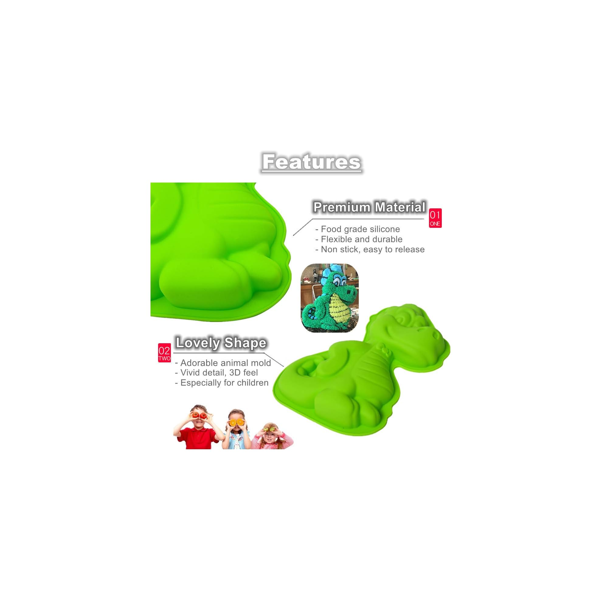 Grüne Silikon-Drachenform mit Produktmerkmalen und lachenden Kindern.