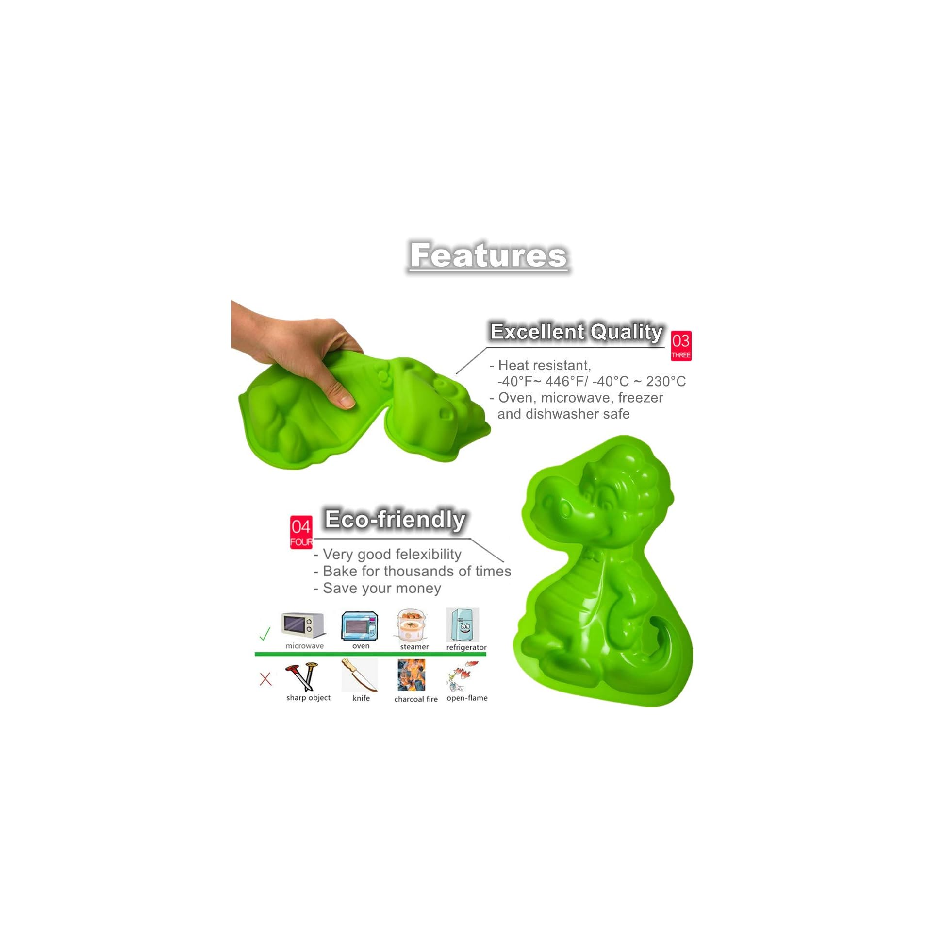 Grüne Silikon-Kuchenform in Dinosaurier-Form mit Funktionen und Gebrauchsanweisungen.
