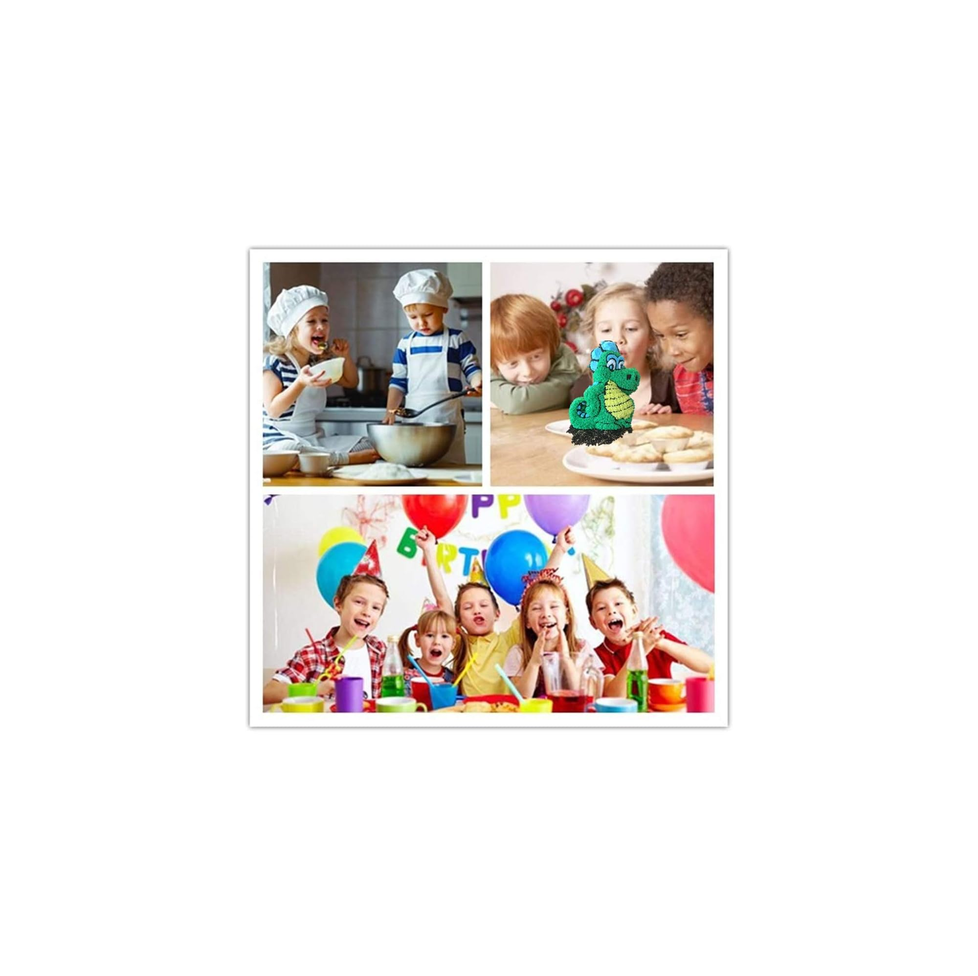 Eine Collage zeigt Kinder beim Backen und Feiern mit Kuchen und Luftballons.