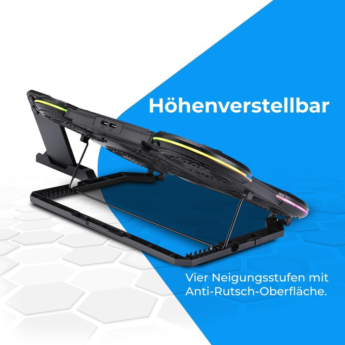 Verstellbarer schwarzer Laptop-Ständer mit Anti-Rutsch-Oberfläche und vier Neigungsstufen.