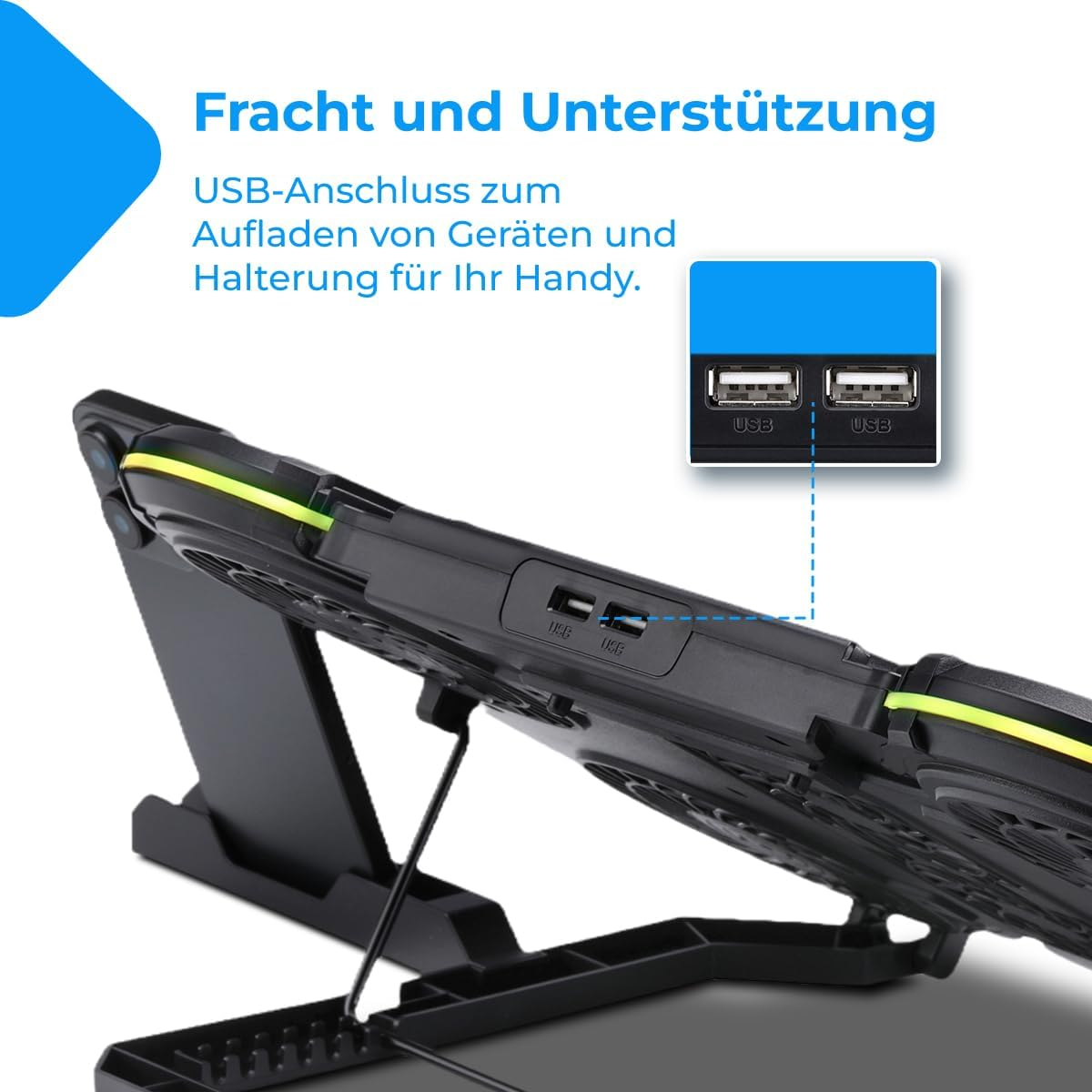 Ein schwarzer Laptopständer mit zwei USB-Anschlüssen und Text zum Aufladen.