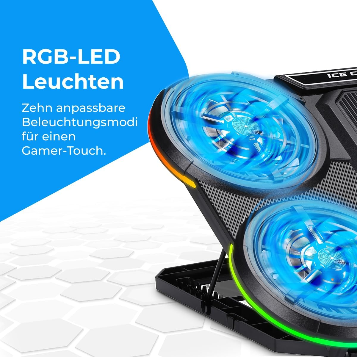 Laptop-Kühler mit zwei blau leuchtenden Lüftern und RGB-LED-Beleuchtung auf weißem Hintergrund.