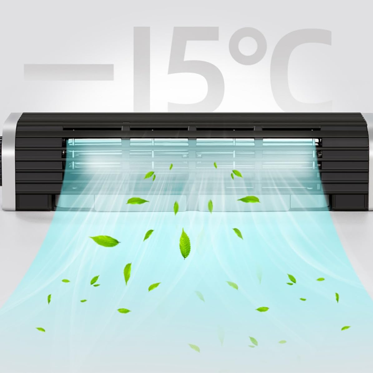 Ein schwarzer Klimaventilator bläst kalte Luft, dargestellt durch grüne Blätter, mit der Anzeige -15°C im Hintergrund.