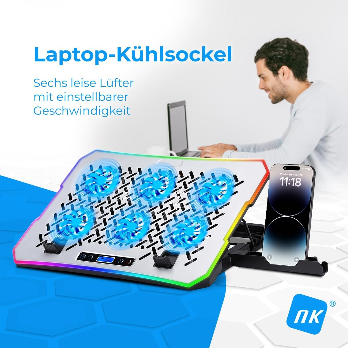 Laptop-Kühlsockel mit sechs blauen LED-Lüftern, RGB-Beleuchtung und Smartphone-Halterung.