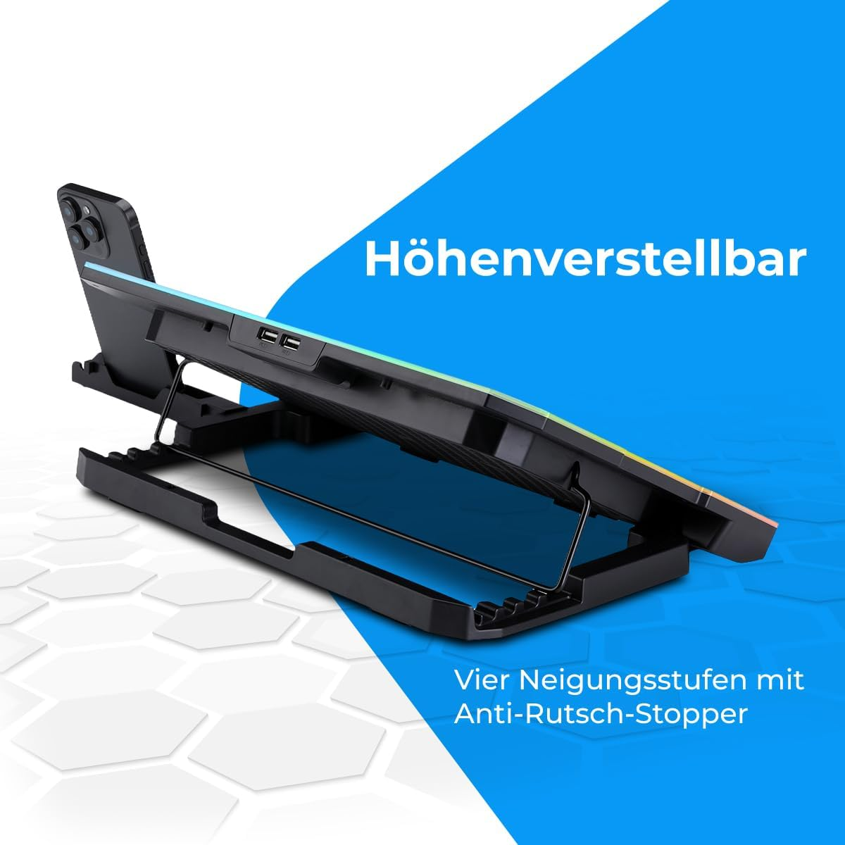 Höhenverstellbarer schwarzer Laptop-Ständer mit vier Neigungsstufen und Anti-Rutsch-Stopper.
