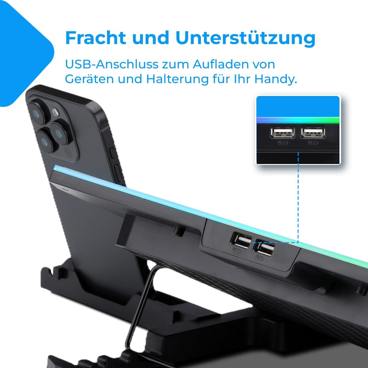 Notebook-Ständer mit USB-Anschlüssen und integrierter Smartphone-Halterung.