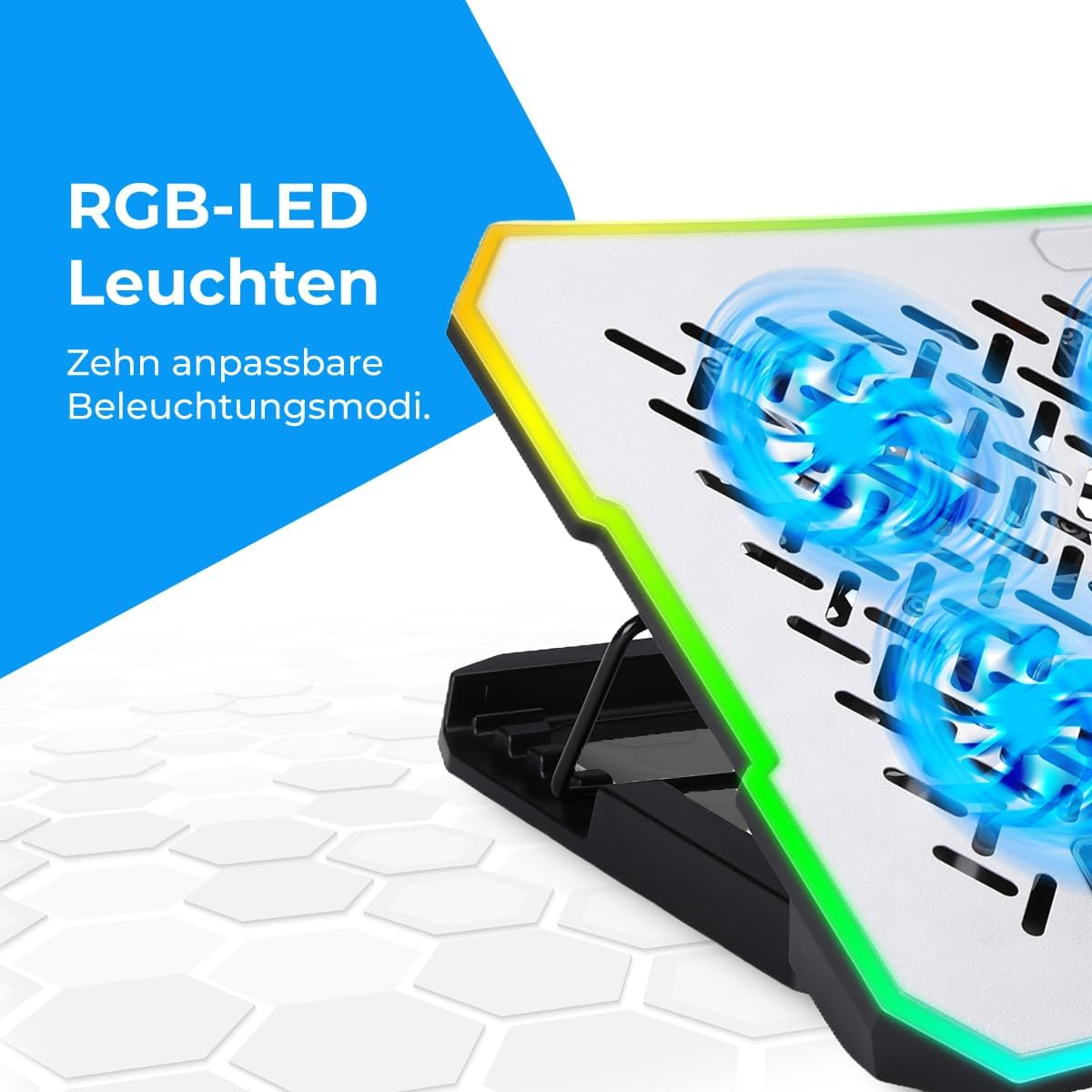 Weißer Laptop-Ständer mit RGB-LED-Beleuchtung und blauen Kühleranimationen vor weißem Hintergrund.