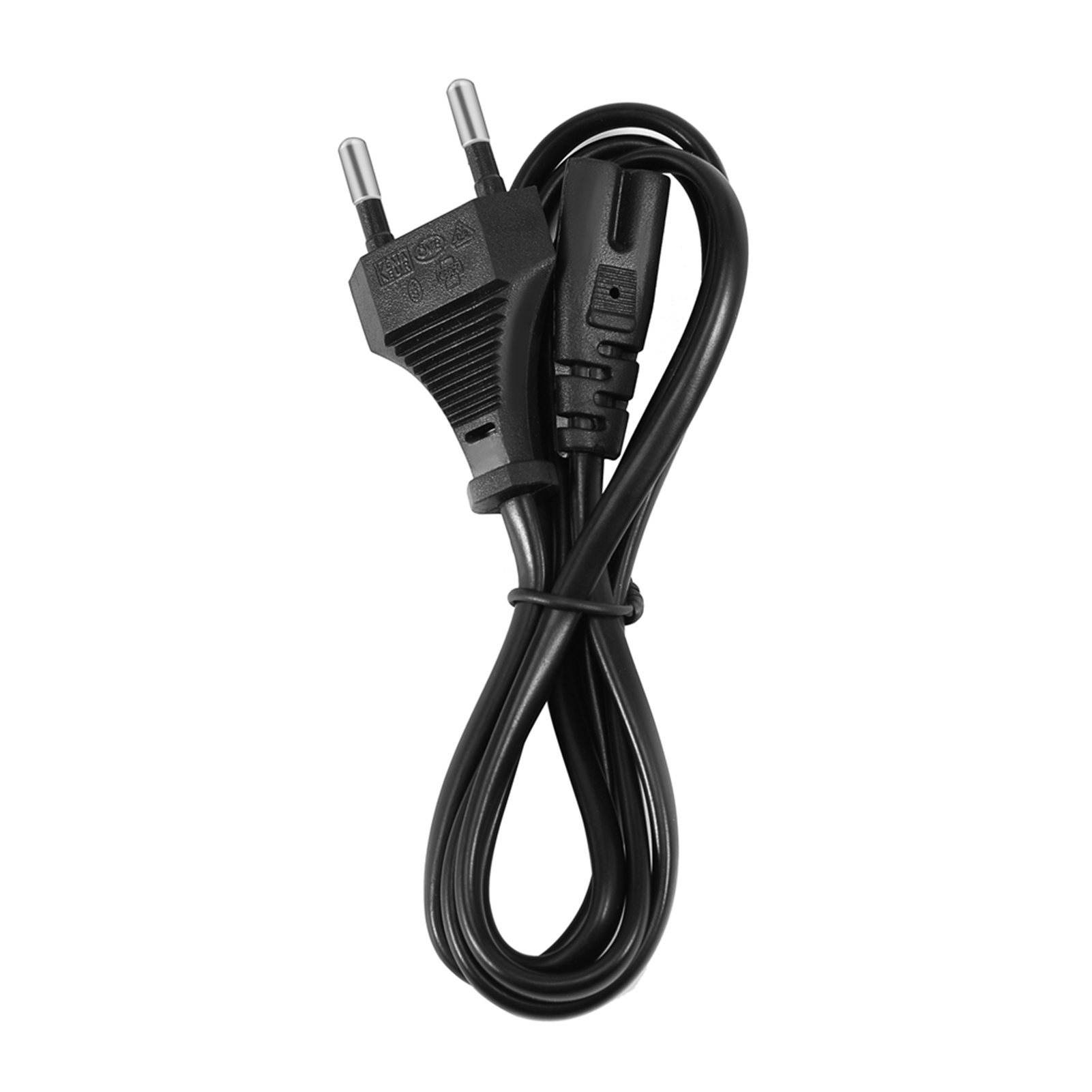 Ein schwarzes Netzkabel ist sauber zusammengerollt und gebunden, mit einem Eurostecker und passendem Anschluss.