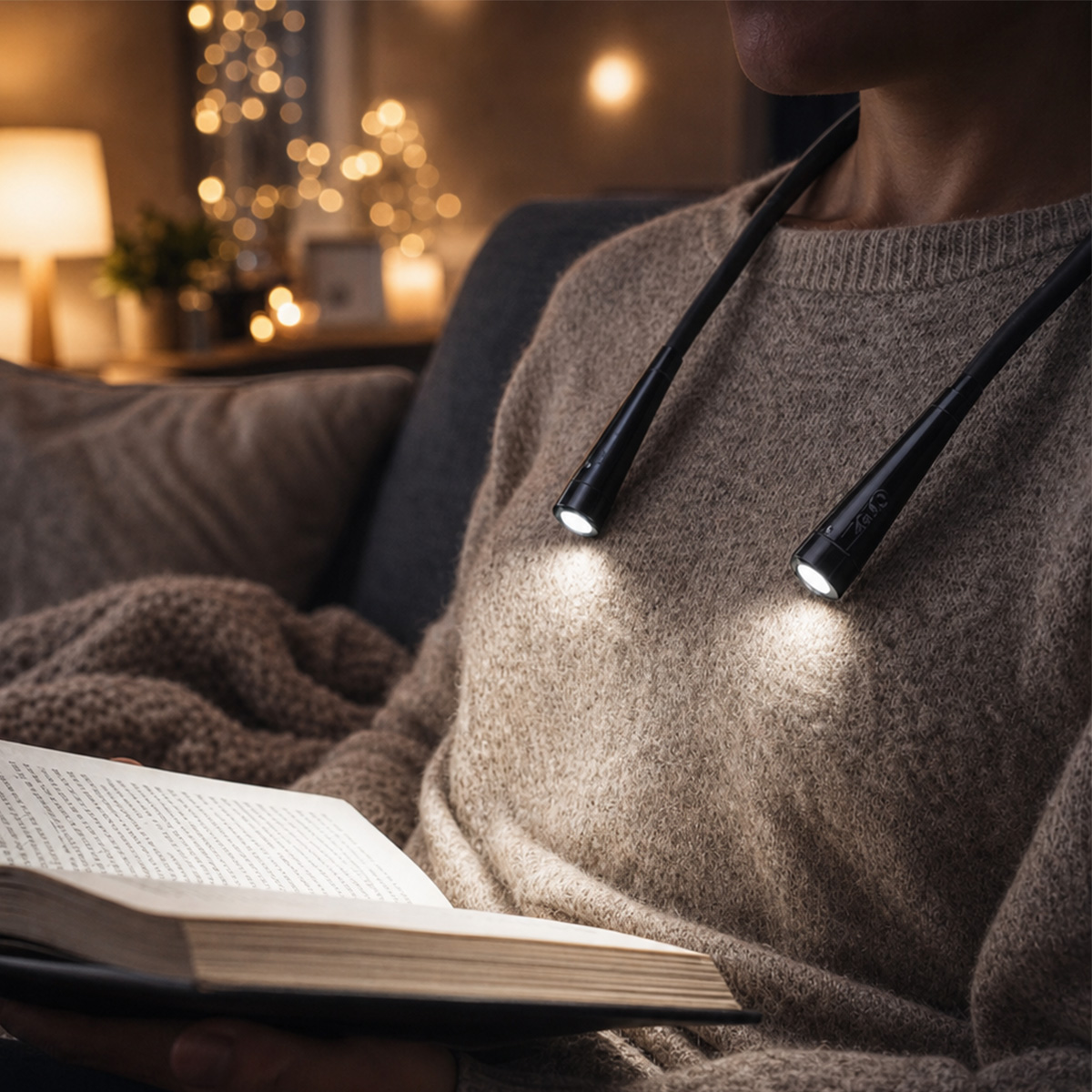 Eine Person sitzt gemütlich auf einem Sofa und liest ein Buch mit einer schwarzen Nackenleselampe.