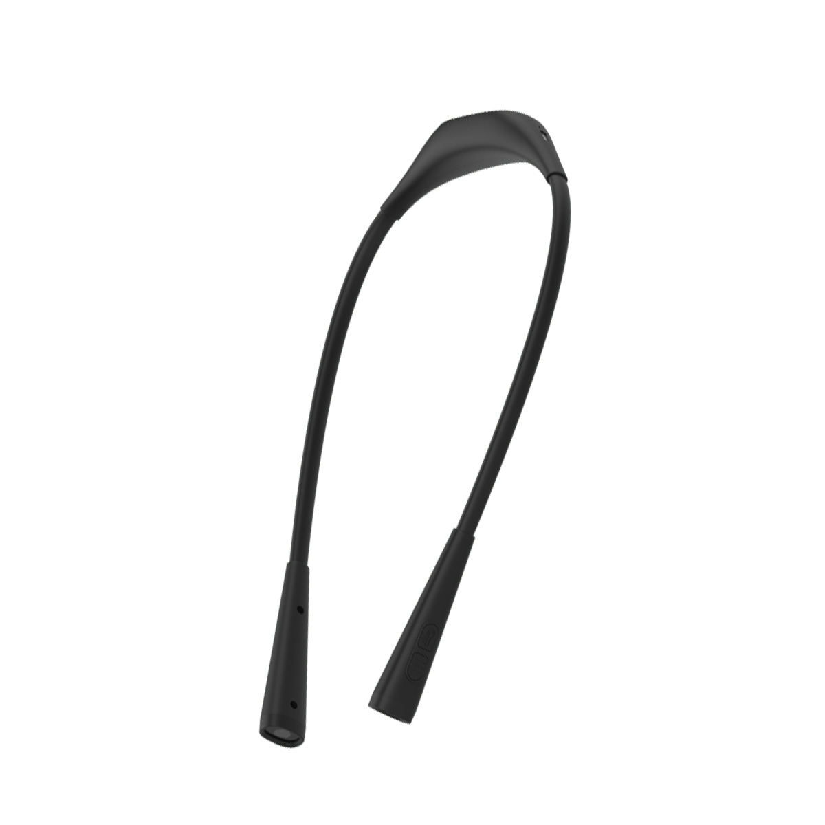 Ein schwarzes Nackenband mit Kontrollknöpfen auf weißem Hintergrund.