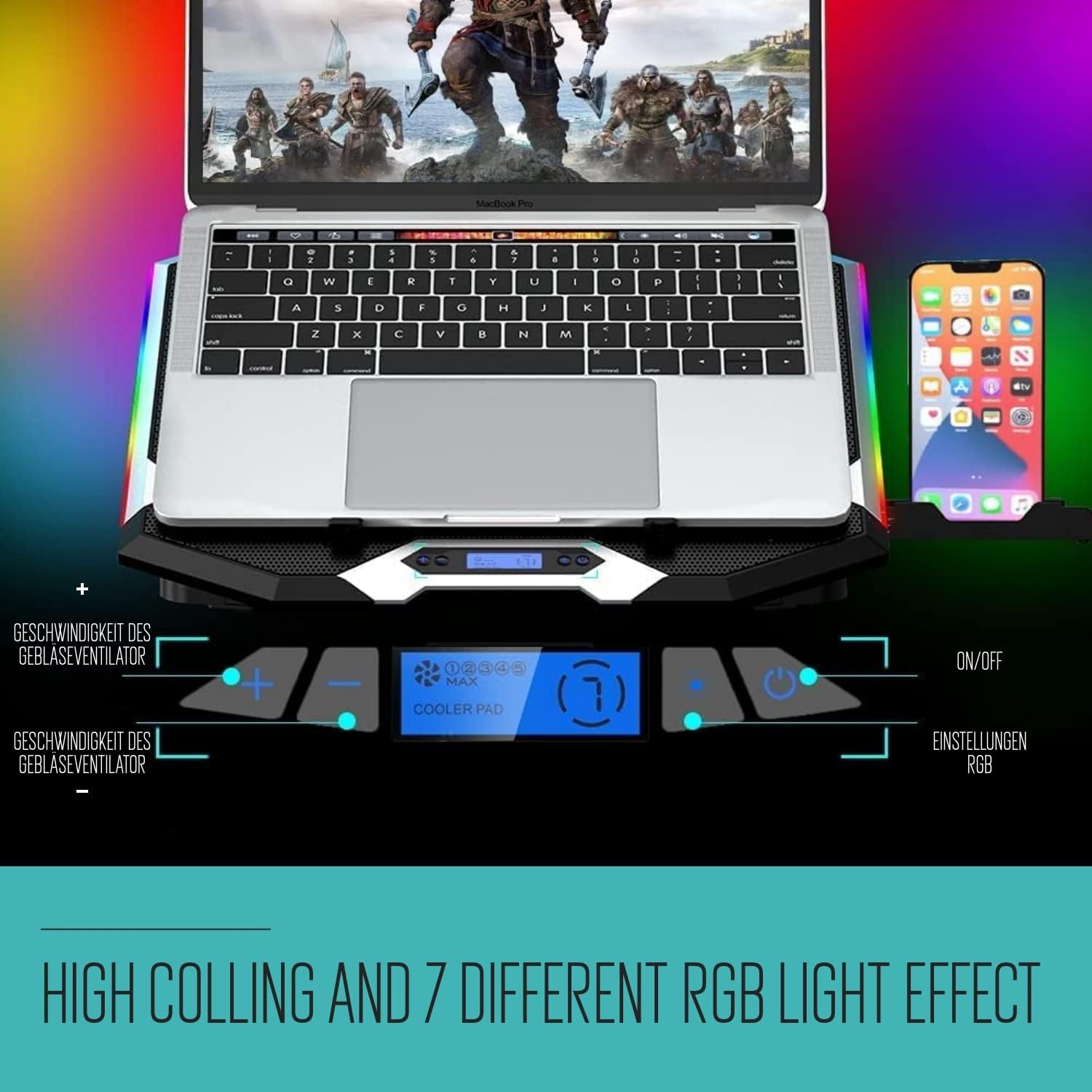 Laptop auf RGB-Kühlpad mit Smartphone und Bedienelementen, Text zu Kühlung.