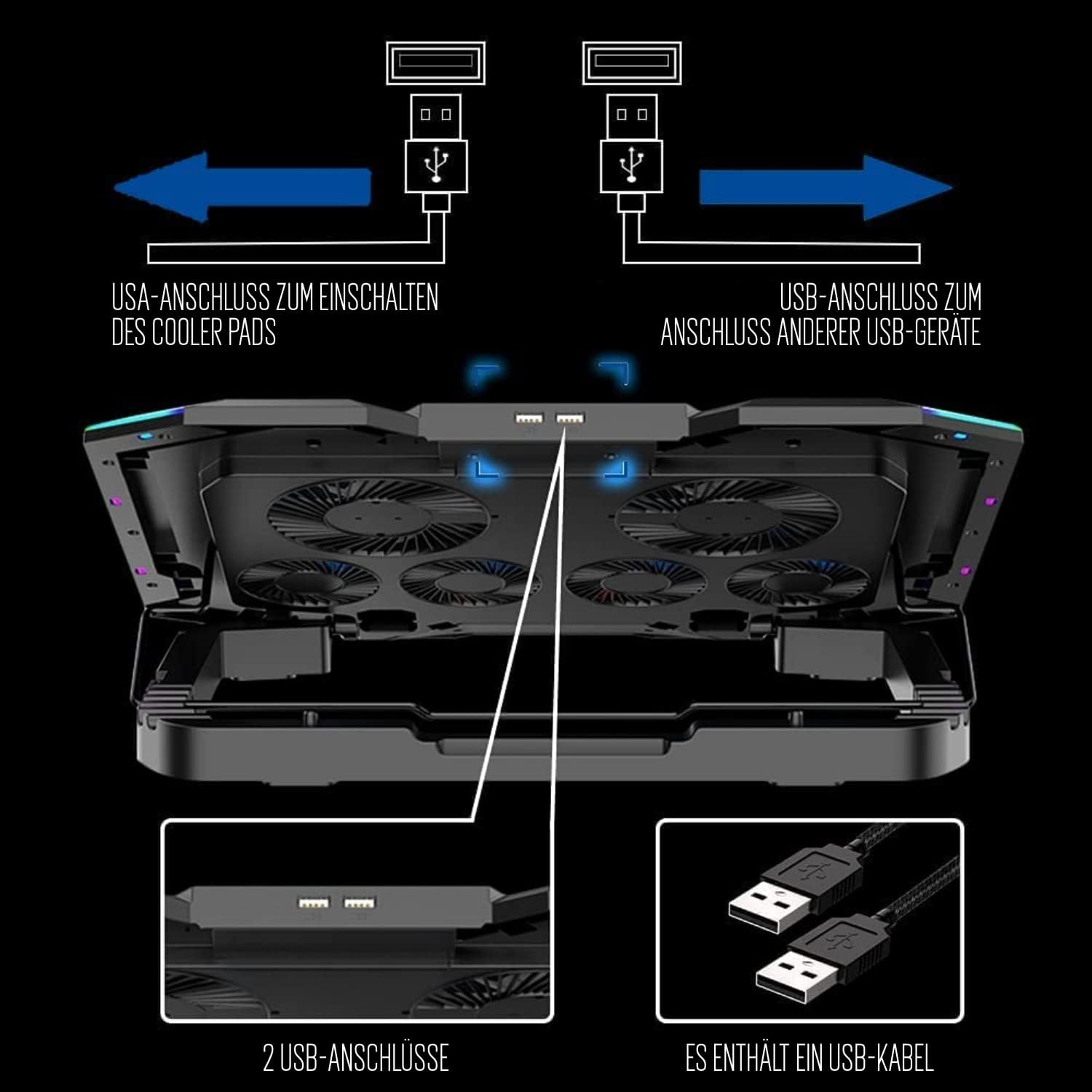 Diagramm zeigt Laptop-Kühlpad mit zwei USB-Anschlüssen und einem USB-Kabel.