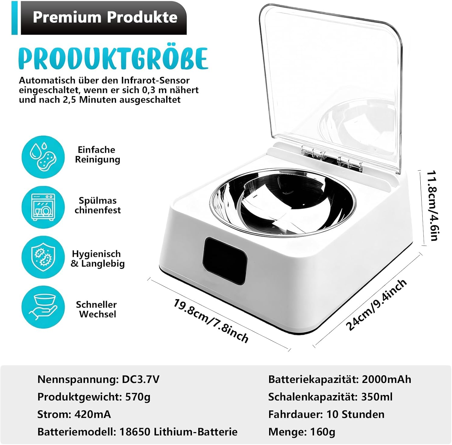 Diagramm einer automatischen Haustiernapf mit Maßen, Merkmalen und technischen Daten auf weißem Hintergrund.