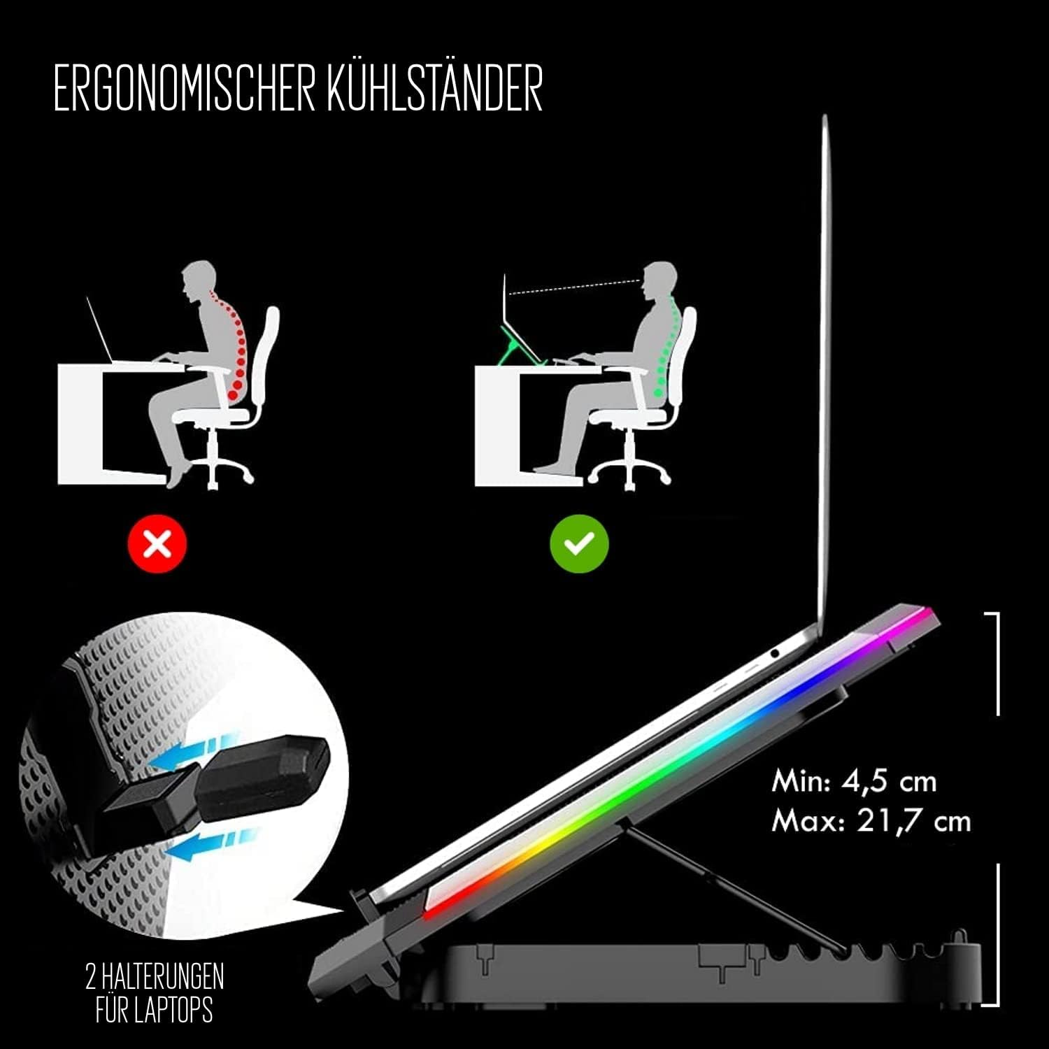Vergleich zweier Sitzhaltungen vor dem Laptop mit und ohne ergonomischen Ständer.