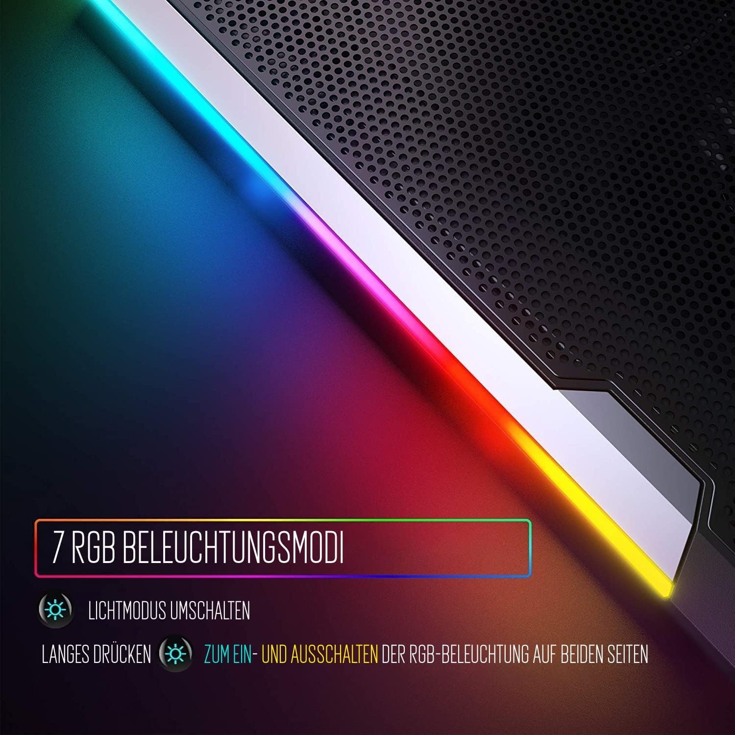 Lüfterkühler mit Mesh-Oberfläche und lebendiger RGB-Beleuchtung an der Seite.