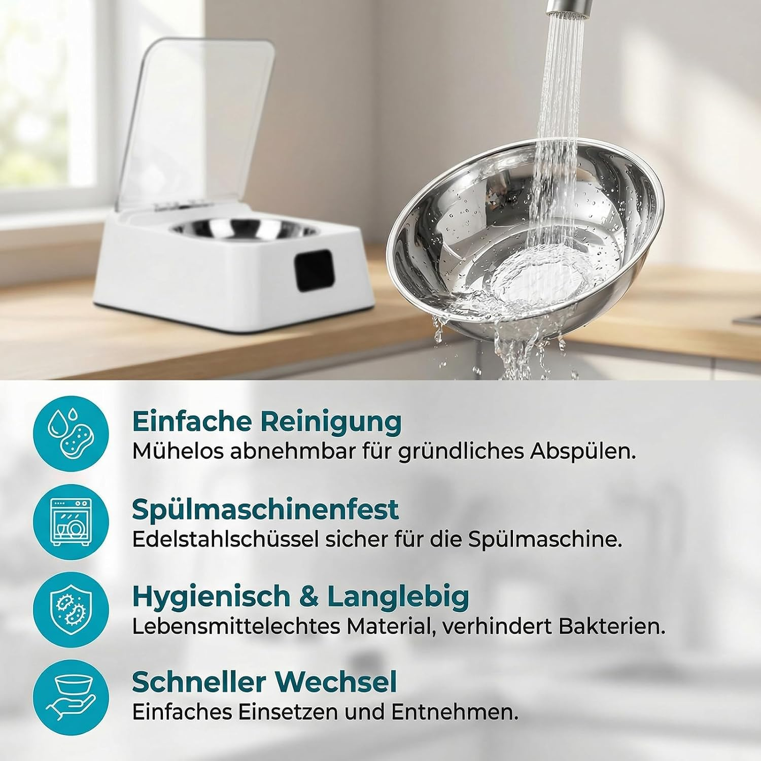 Edelstahlschüssel wird in Küche unter Wasserhahn abgespült; im Hintergrund automatischer Haustiernapf.