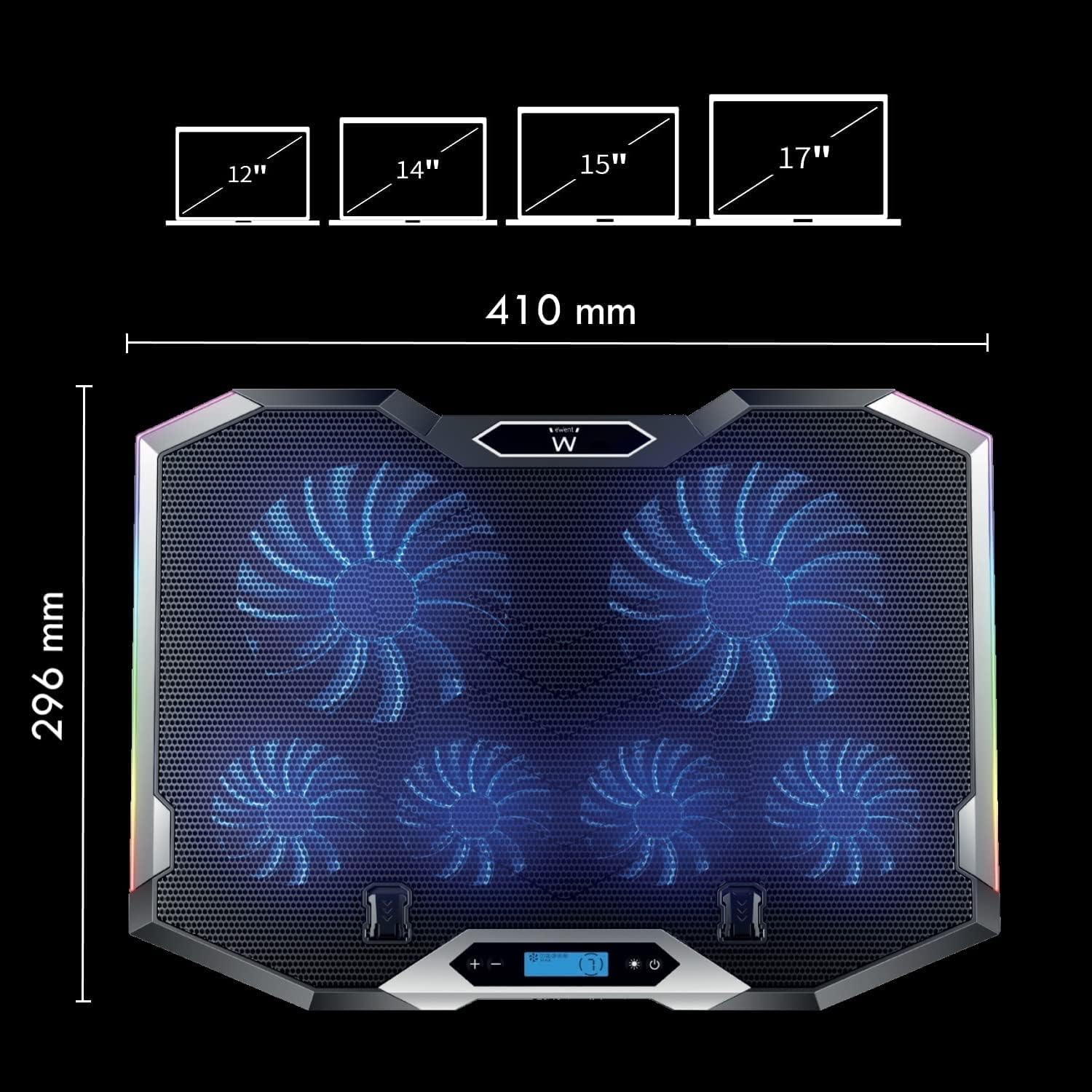 Laptop-Kühlpad mit sechs blau beleuchteten Lüftern, Maßen und kompatiblen Laptop-Größen.