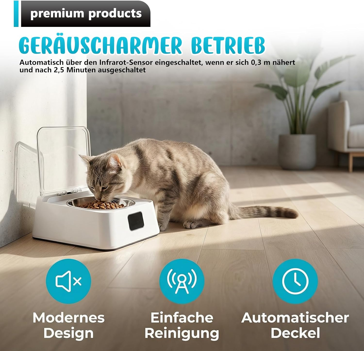 Eine Katze frisst aus einem modernen, automatischen Futterautomaten auf Holzboden in einer hellen Wohnung.