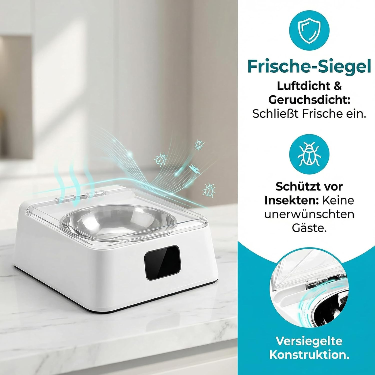 Weisser Haustiernapf mit versiegelter Abdeckung und deutscher Werbetextgrafik.