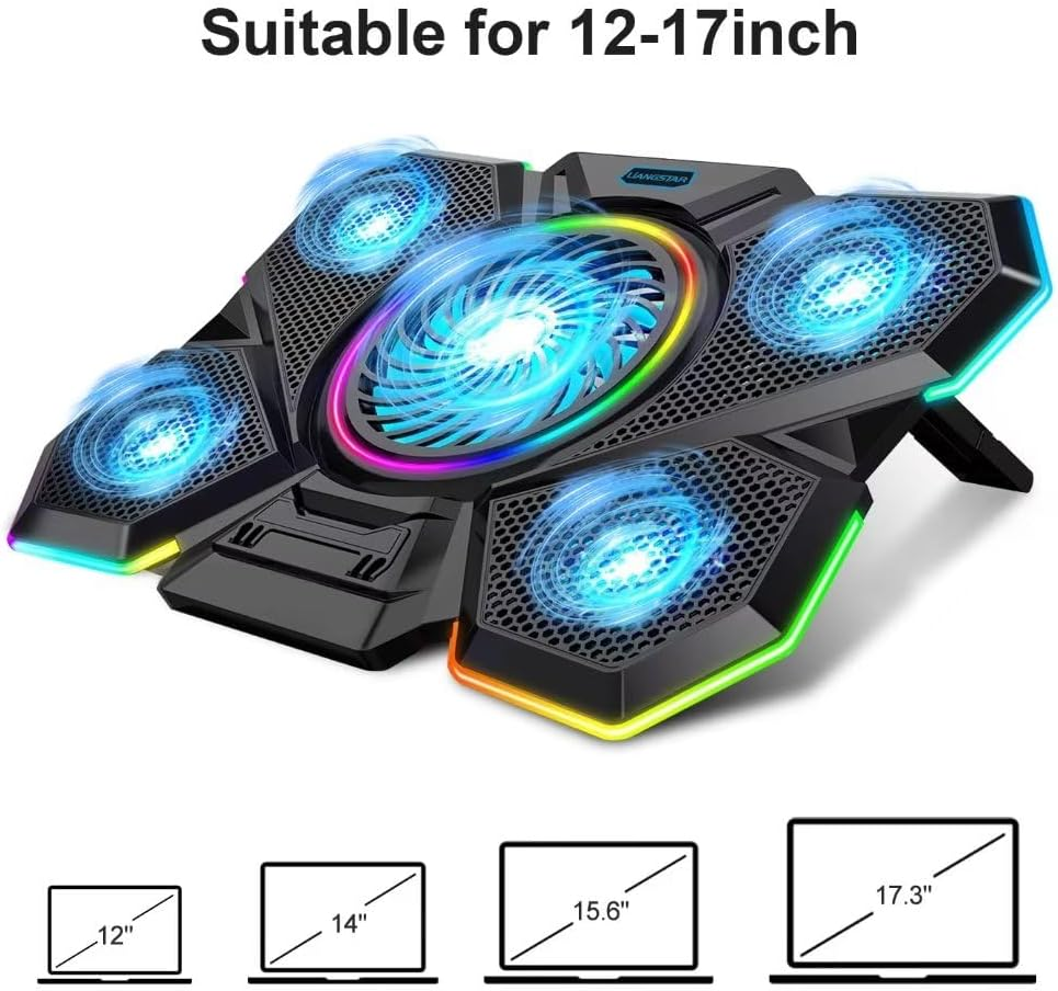 Schwarzer Laptop-Kühler mit fünf leuchtenden blauen Lüftern und RGB-Beleuchtung.