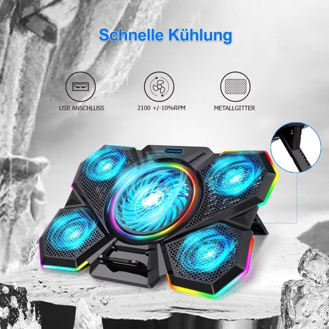Schwarzer Laptop-Kühler mit fünf blau beleuchteten Lüftern, USB-Anschluss und Metallgitter.