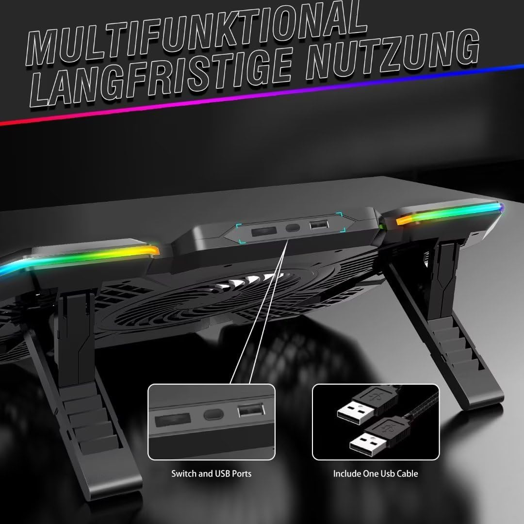 Schwarzer Laptop-Kühler mit RGB-Beleuchtung, USB-Anschlüssen und verstellbaren Standfüßen.