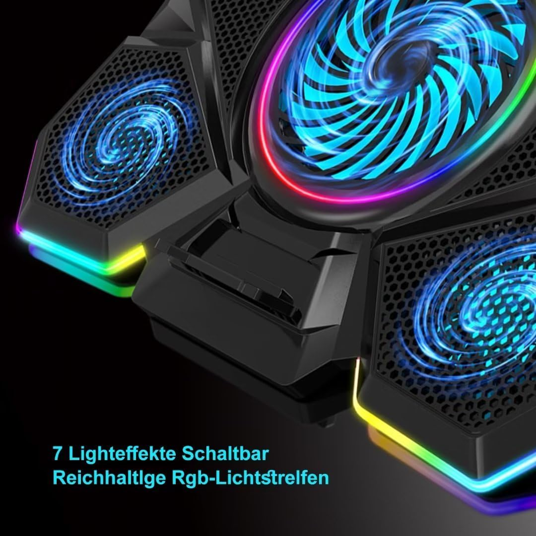 Schwarzer Laptop-Kühler mit mehreren blauen LED-Lüftern und RGB-Lichtleisten auf dunklem Hintergrund.