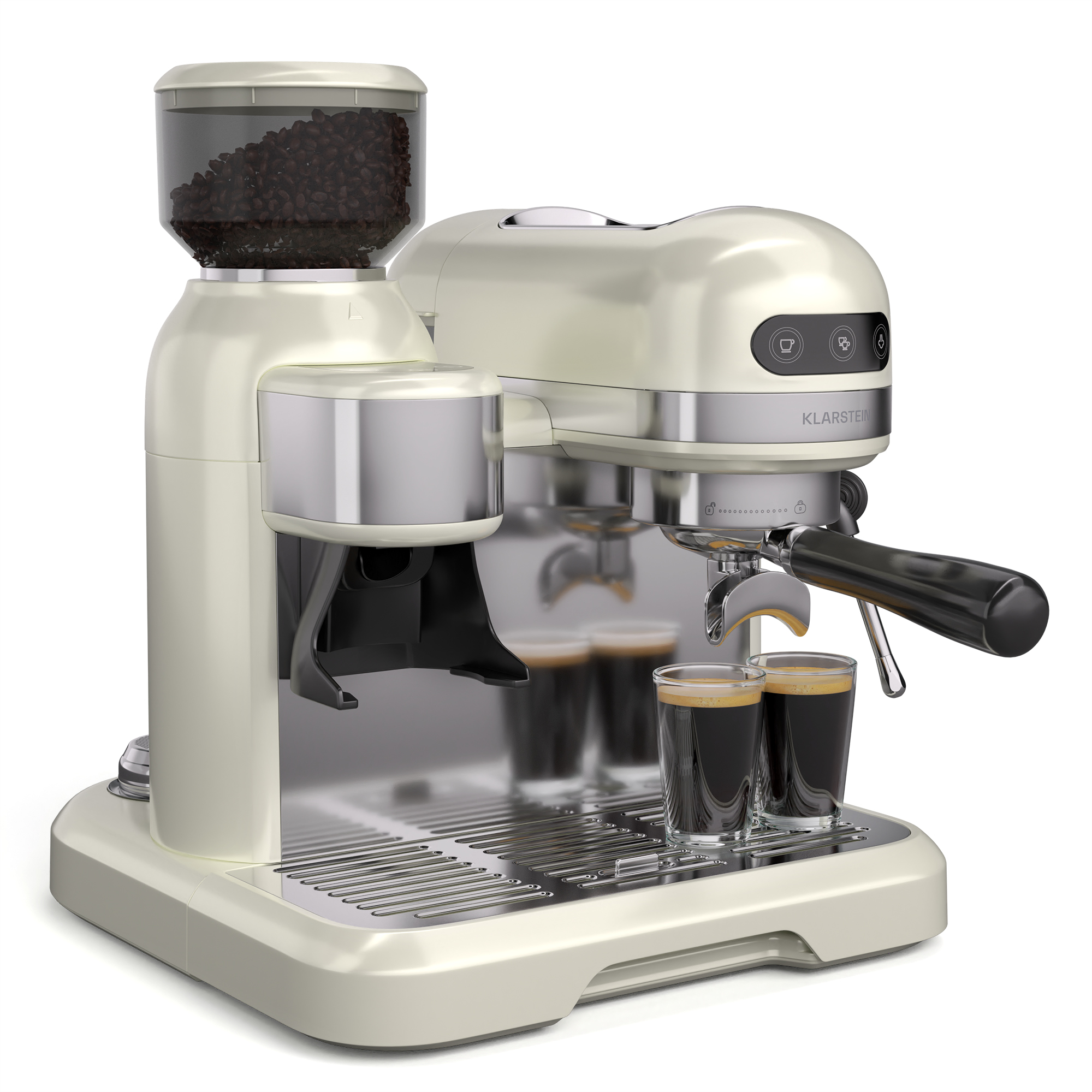 Cafetera espresso Klarstein beige con molinillo integrado y dos vasos de espresso en la bandeja de goteo.