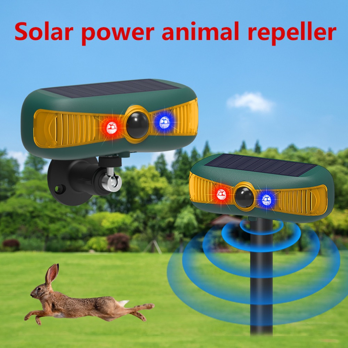 Solar-Tiervertreiber mit roten und blauen LEDs und Ultraschallwellen auf grünem Rasen vor Bäumen.