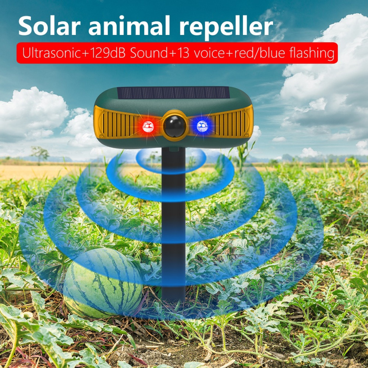 Ein solarbetriebener Tierschreck mit rot-blauen Lichtern steht in einem Feld und sendet Schallwellen aus.