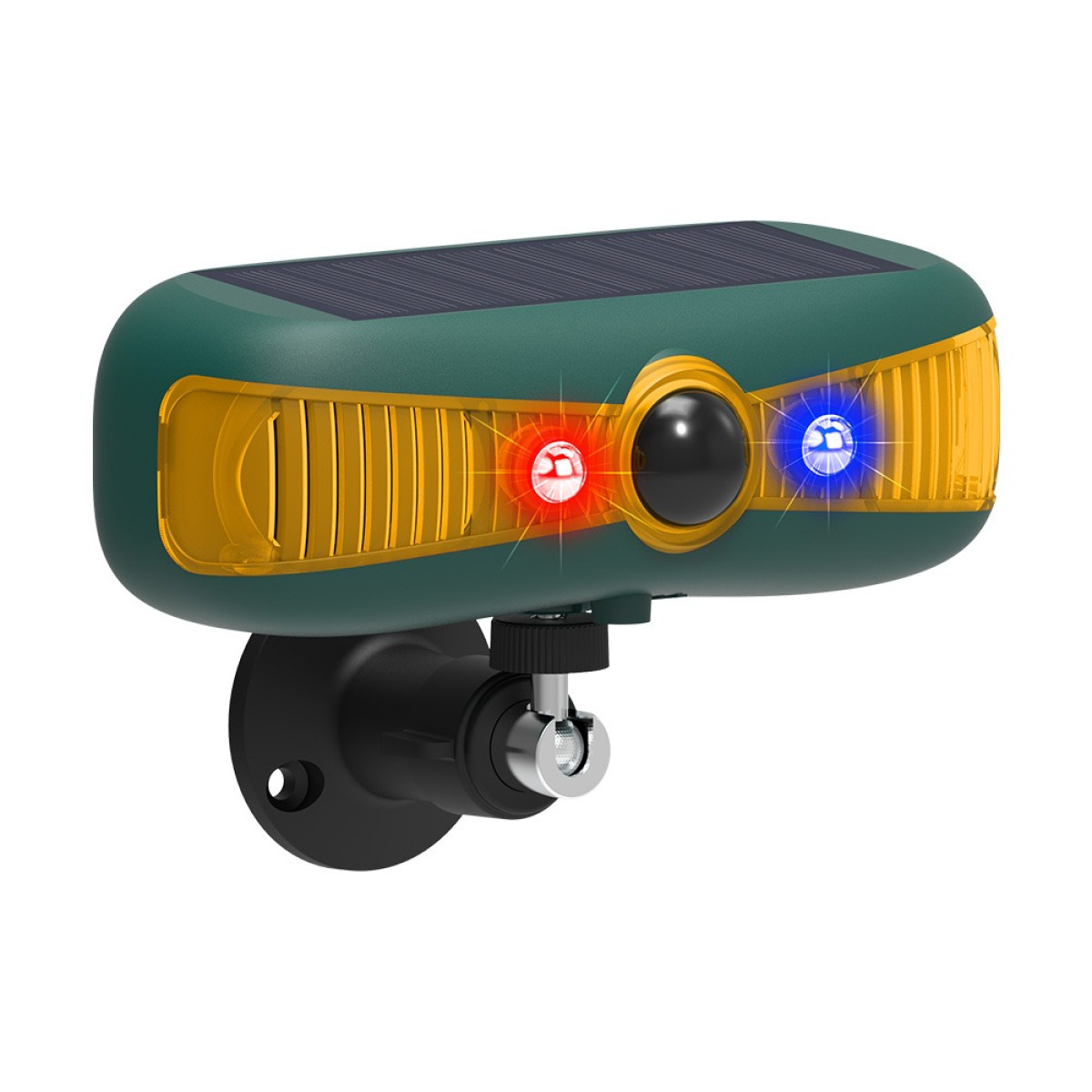 Eine grüne Solarlampe mit Bewegungsmelder, gelben Paneelen, roter und blauer LED sowie Wandhalterung.