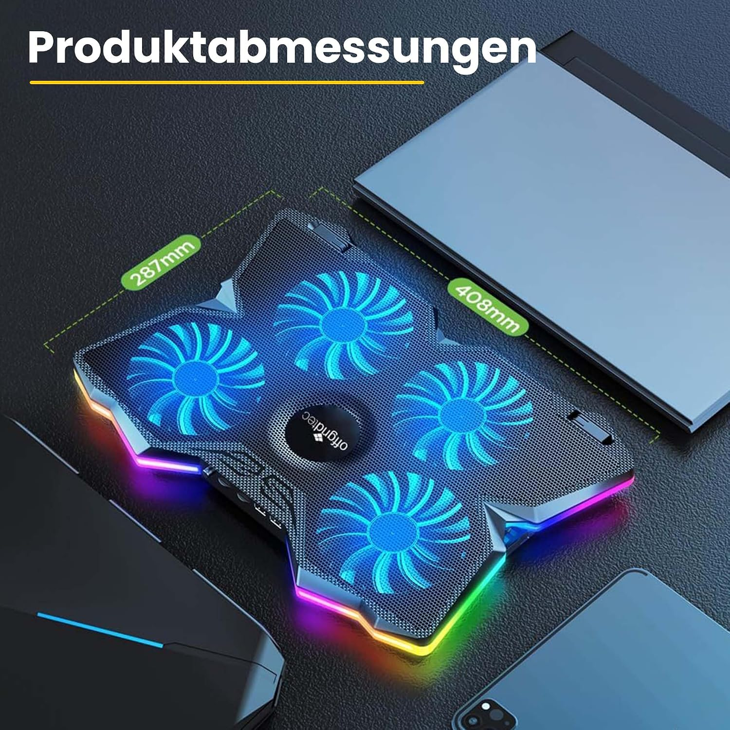 Schwarzes Laptop-Kühlpad mit vier blau leuchtenden Lüftern und RGB-Beleuchtung, Maße 287mm mal 408mm.