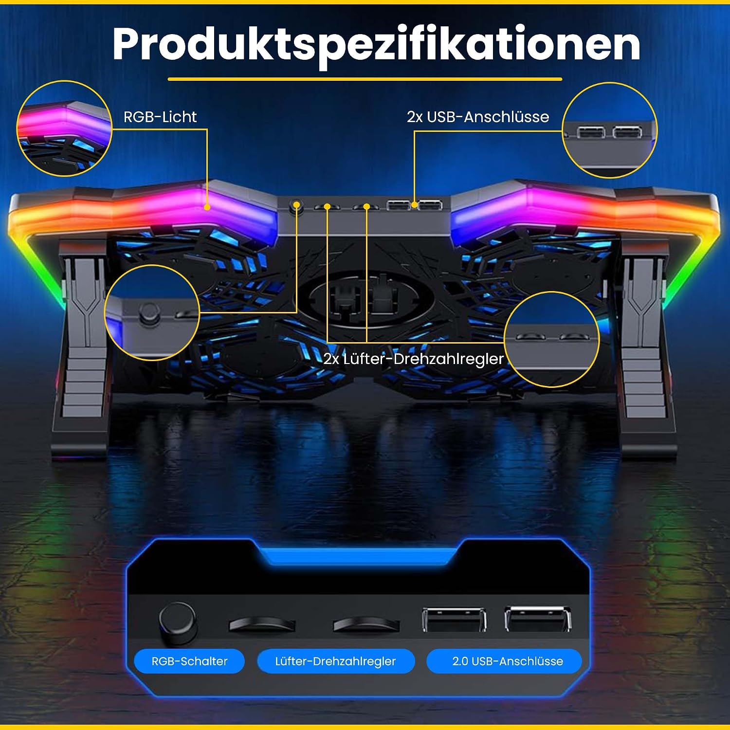 Laptop-Kühlpad mit RGB-Beleuchtung, USB-Anschlüssen, Lüfterreglern und Schaltern.