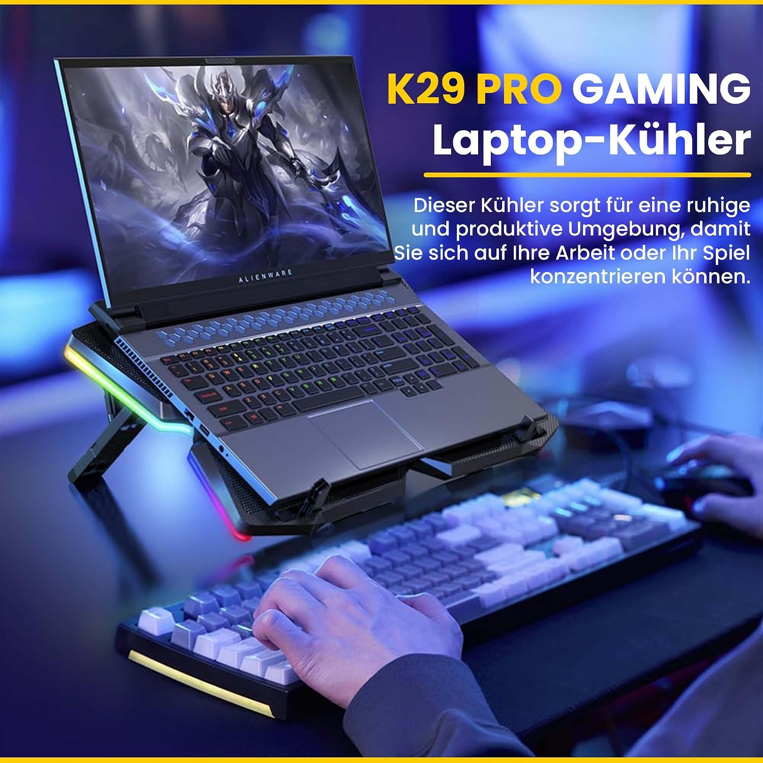 Ein Laptop auf einem beleuchteten K29 Pro Gaming Laptop-Kühler, während jemand tippt.
