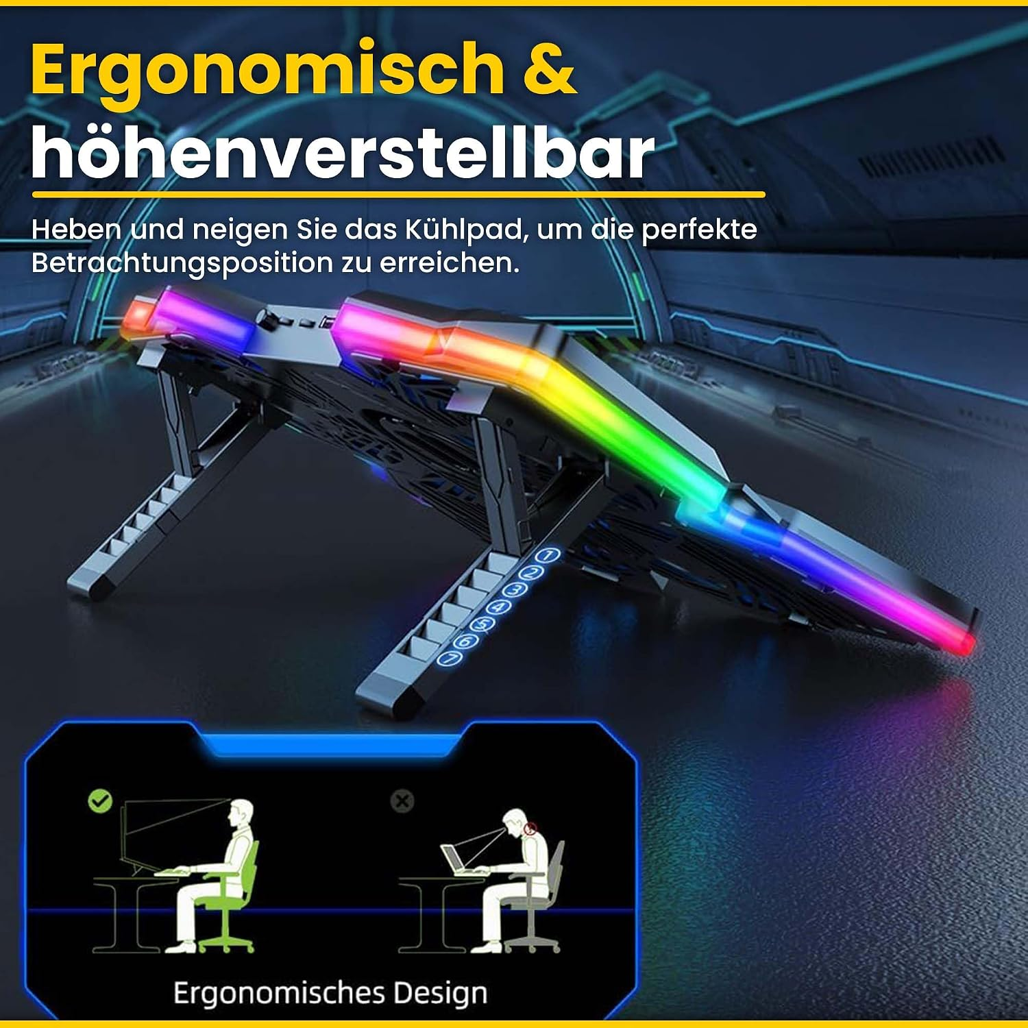Ein verstellbares RGB-Laptop-Kühlpad mit bunten Lichtern und ergonomischen Design-Icons auf dunklem Hintergrund.