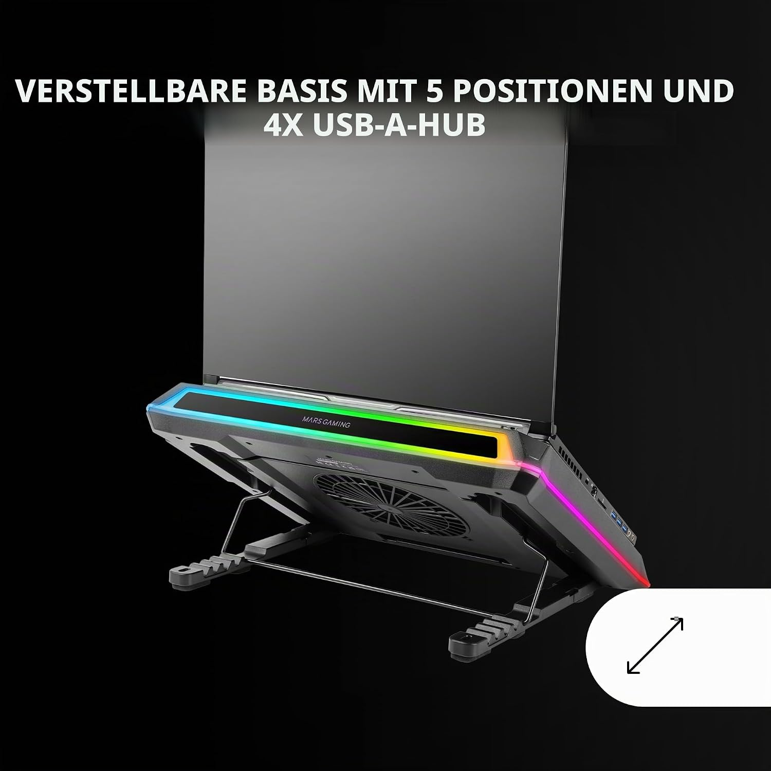 Verstellbare Laptop-Kühlbasis mit RGB-Beleuchtung und USB-Hub auf schwarzem Hintergrund.
