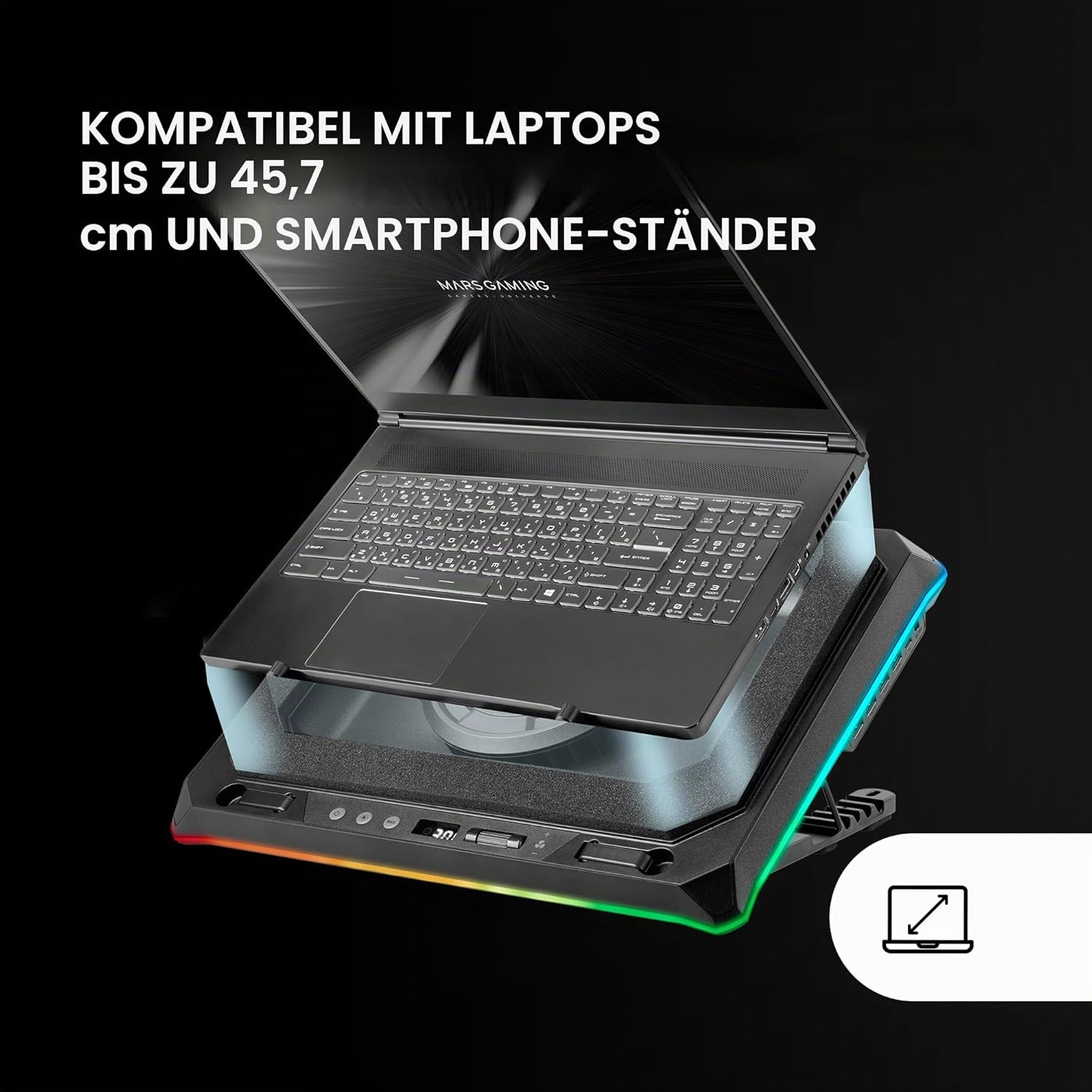 Laptop auf RGB-Beleuchteter Kühlunterlage mit Text und Icon.