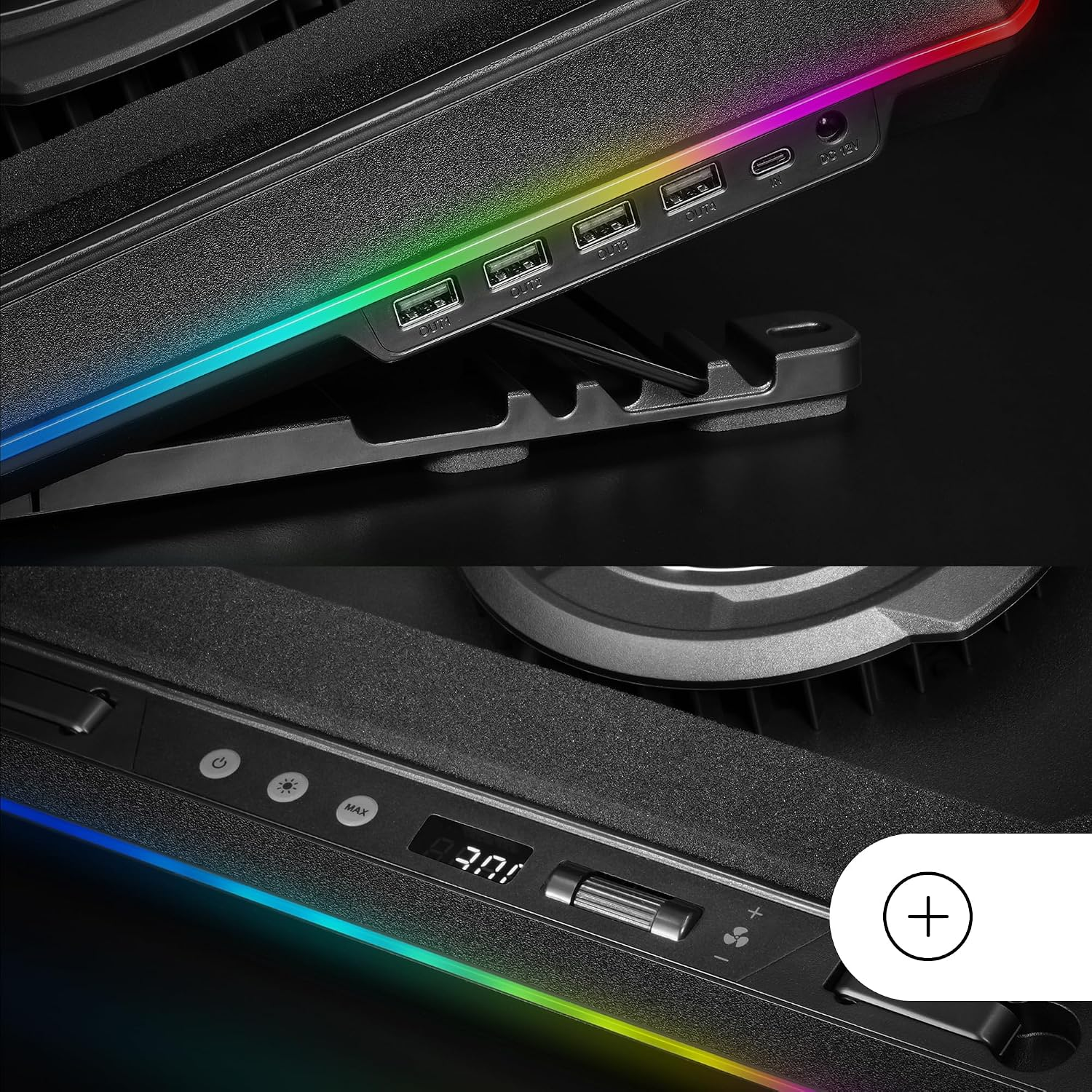 Laptop-Kühlpad mit RGB-Beleuchtung, USB-Anschlüssen, digitalem Display und verstellbarem Ständer.