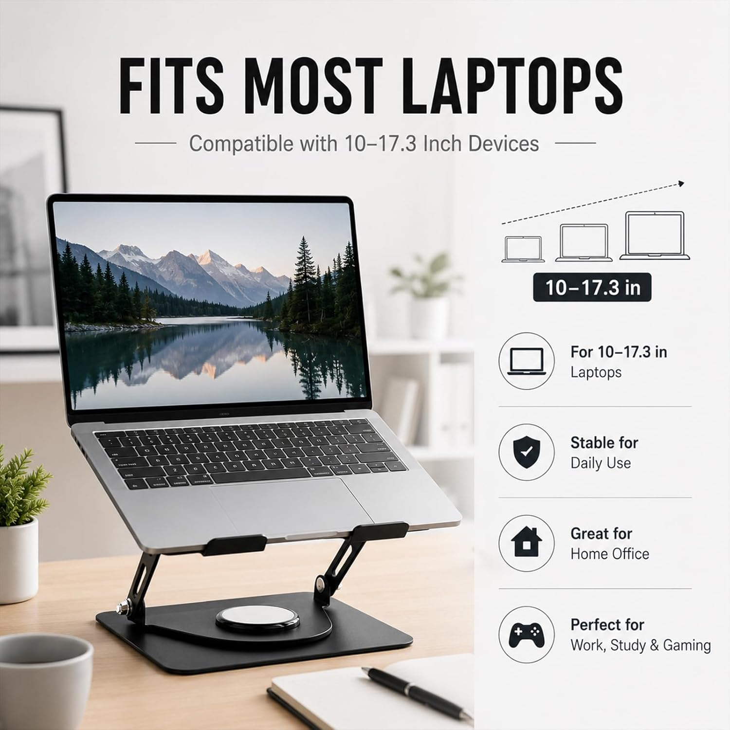 Laptop auf verstellbarem schwarzen Ständer auf Holztisch mit Text und Symbolen.