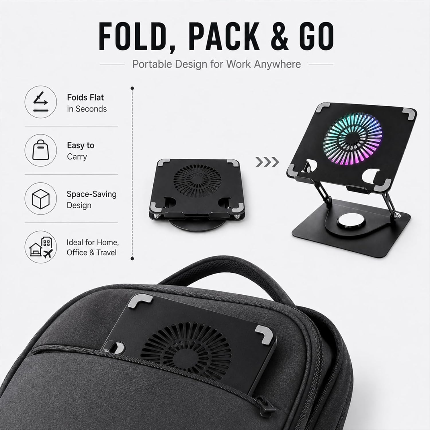 Ein tragbarer, zusammenklappbarer Laptopständer mit integriertem Lüfter in einer Tasche.