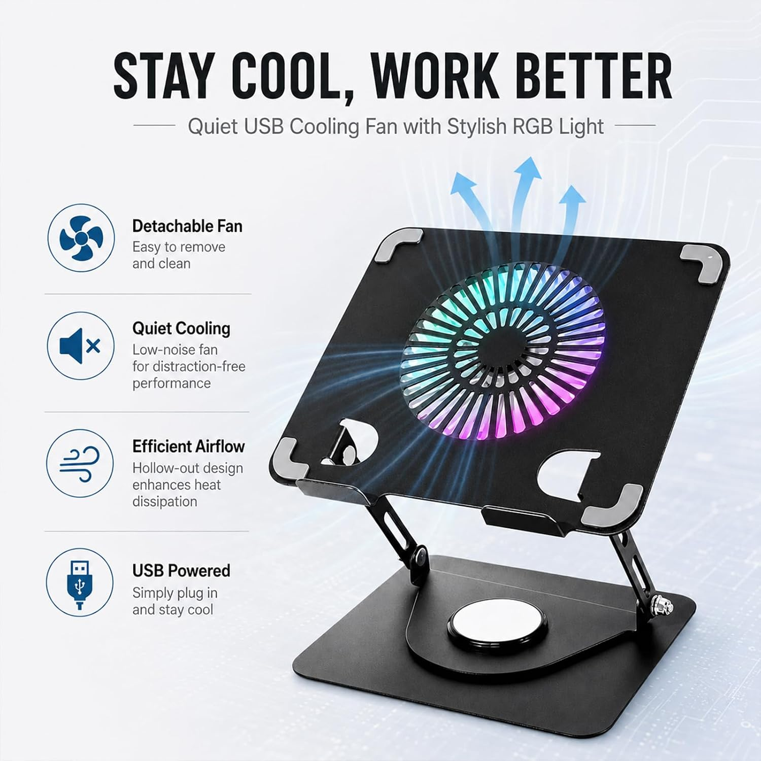 Ein schwarzer, verstellbarer Laptop-Ständer mit integriertem, leisen USB-Lüfter und bunter RGB-Beleuchtung.