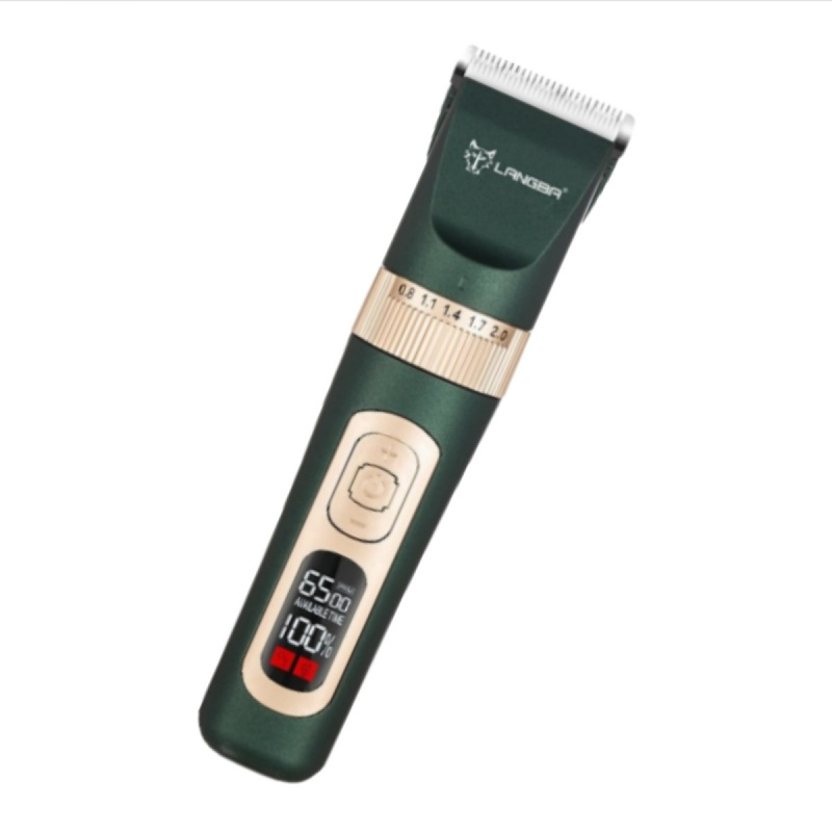 Eine dunkelgrüne und goldene Haarschneidemaschine mit Digitaldisplay, das 100% Akku und 65 Minuten anzeigt.