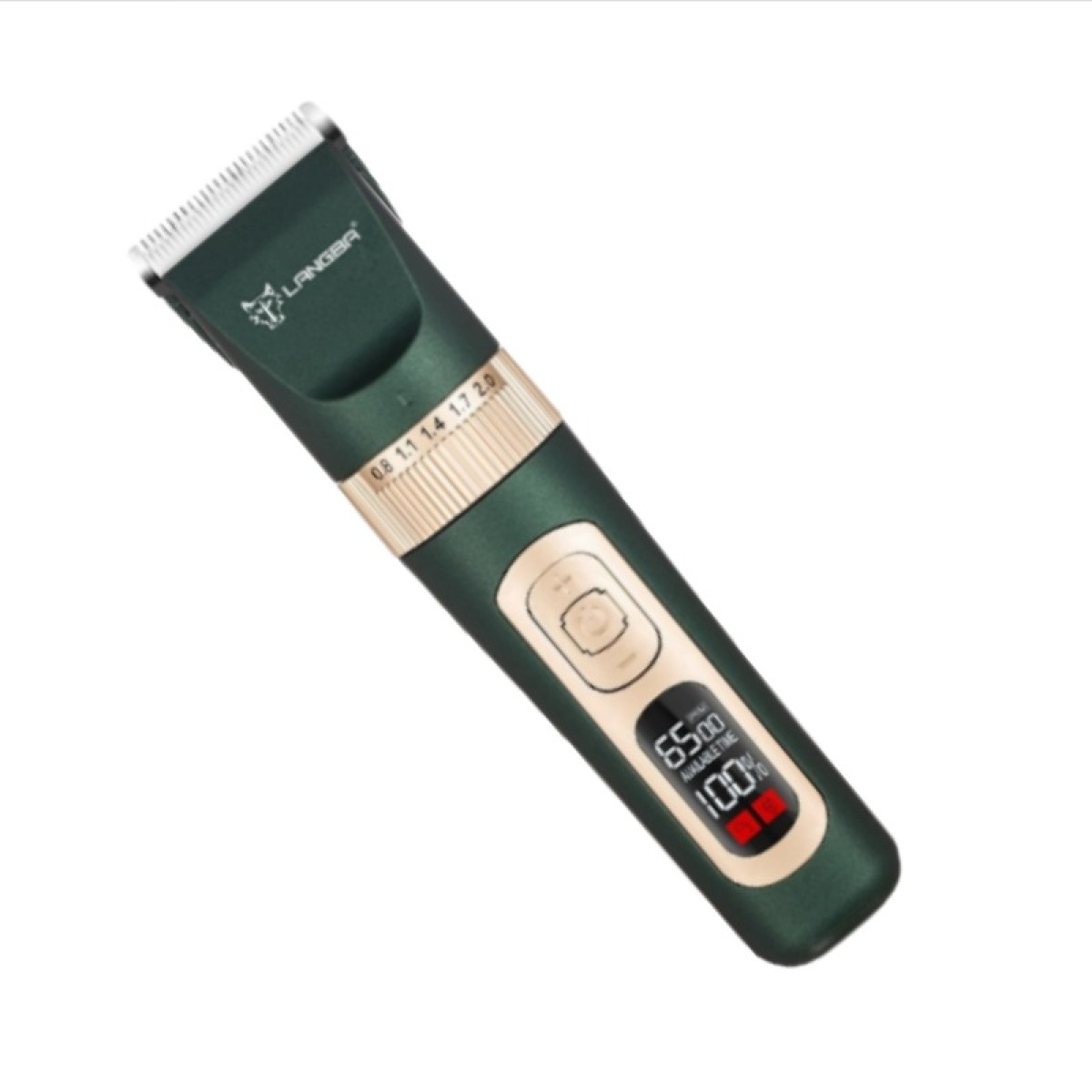 Ein grüner und goldener Haarschneider mit digitaler Batterieanzeige auf weißem Hintergrund.